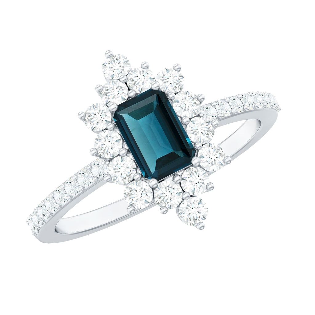 4X6mm Emerald Cut London Blue Topaz Antique Looking Engagement Ring with Diamond Halo