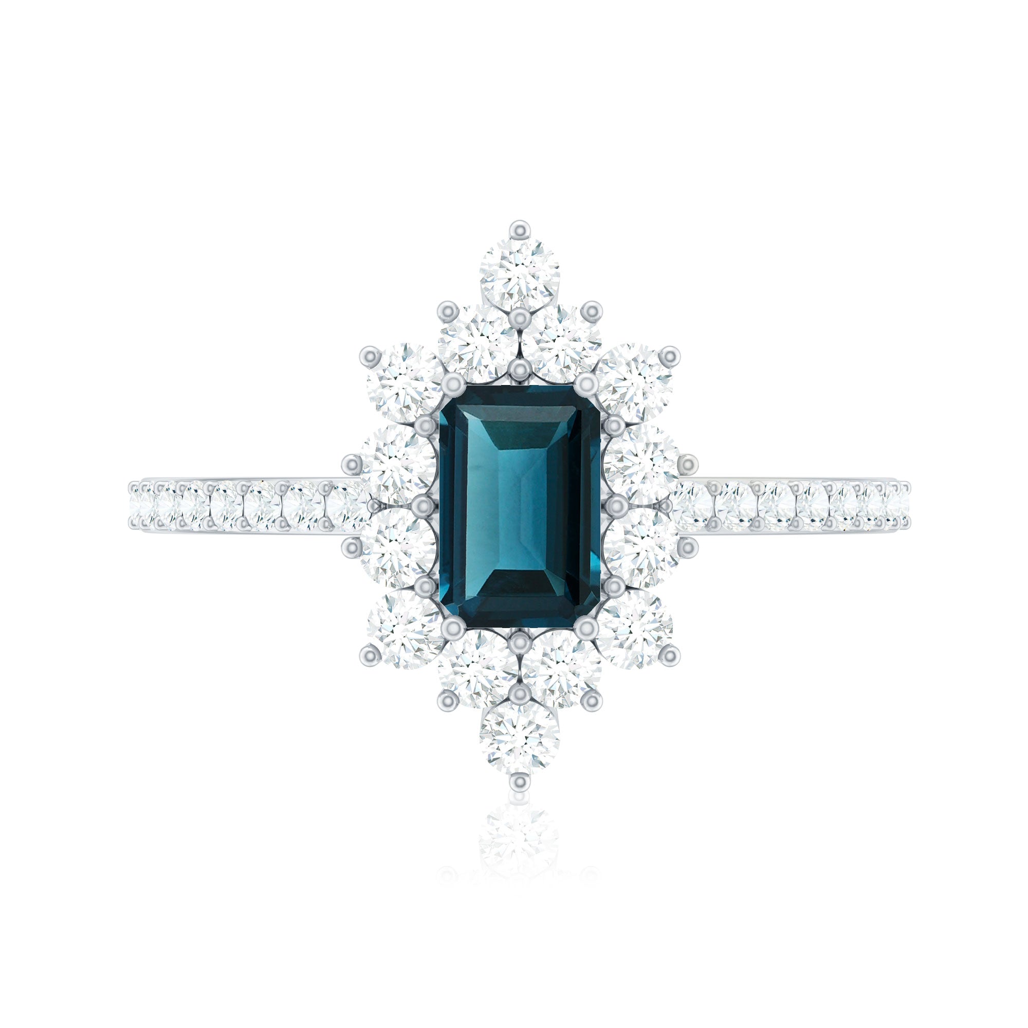 4X6mm Emerald Cut London Blue Topaz Antique Looking Engagement Ring with Diamond Halo