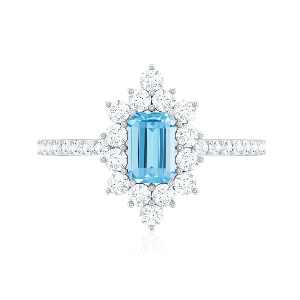 Vintage Looking Aquamarine and Diamond Halo Engagement Ring