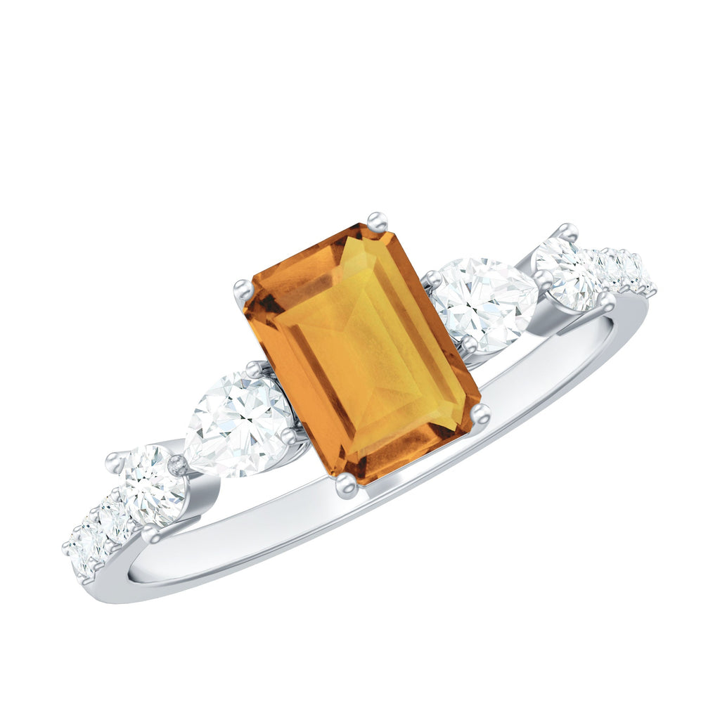 1.8 Carat Genuine Citrine Emerald Cut Engagement Ring with Moissanite Side Stones