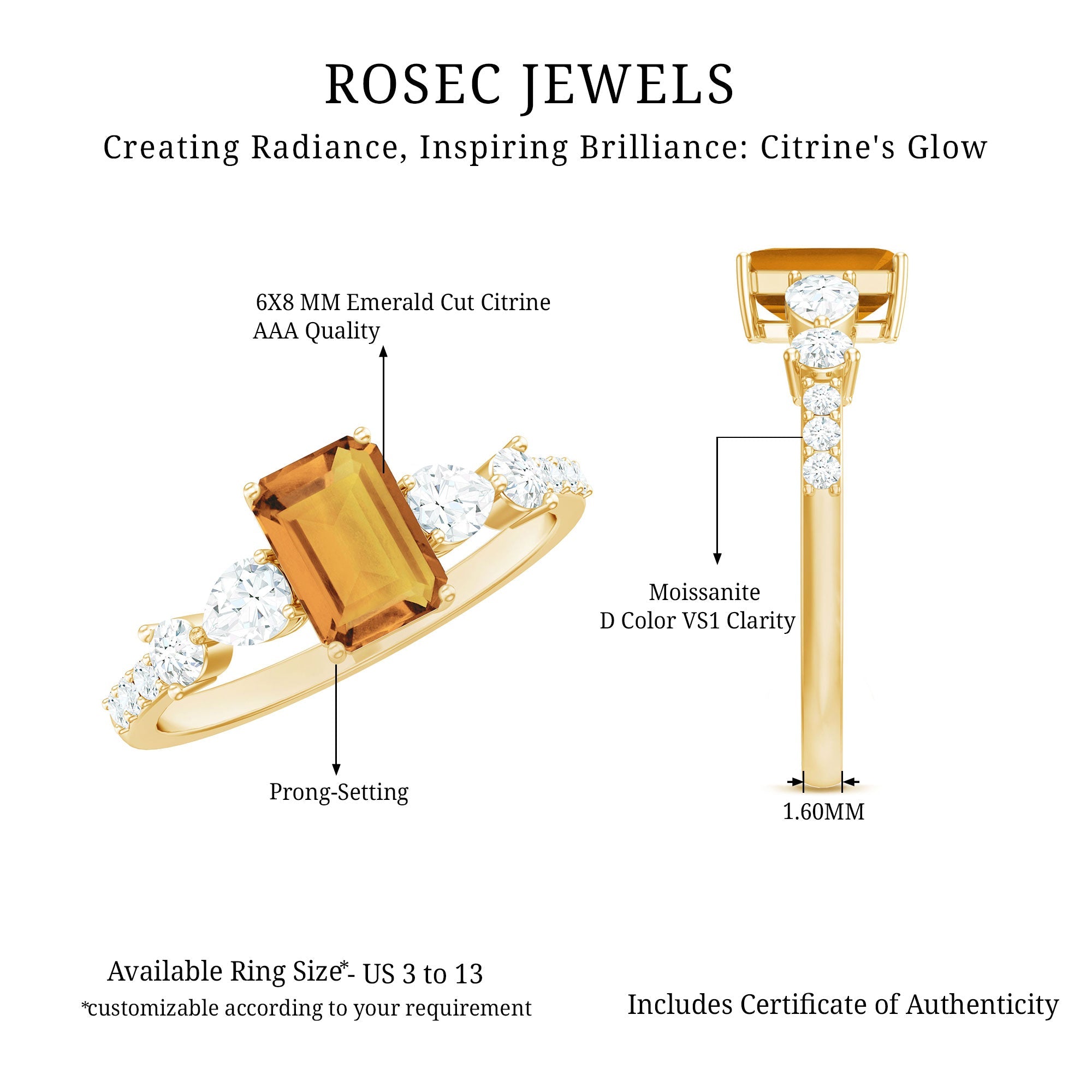 1.8 Carat Genuine Citrine Emerald Cut Engagement Ring with Moissanite Side Stones