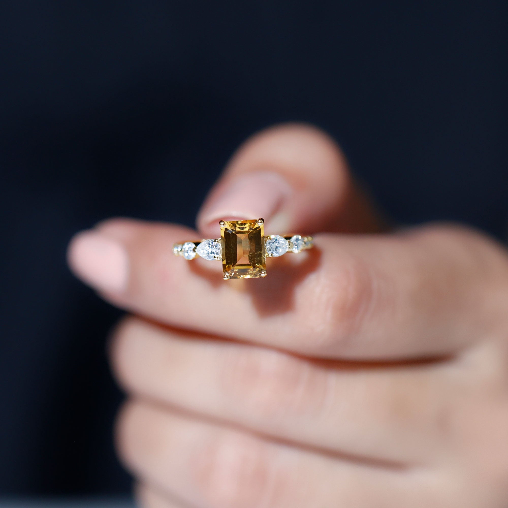 1.8 Carat Genuine Citrine Emerald Cut Engagement Ring with Moissanite Side Stones