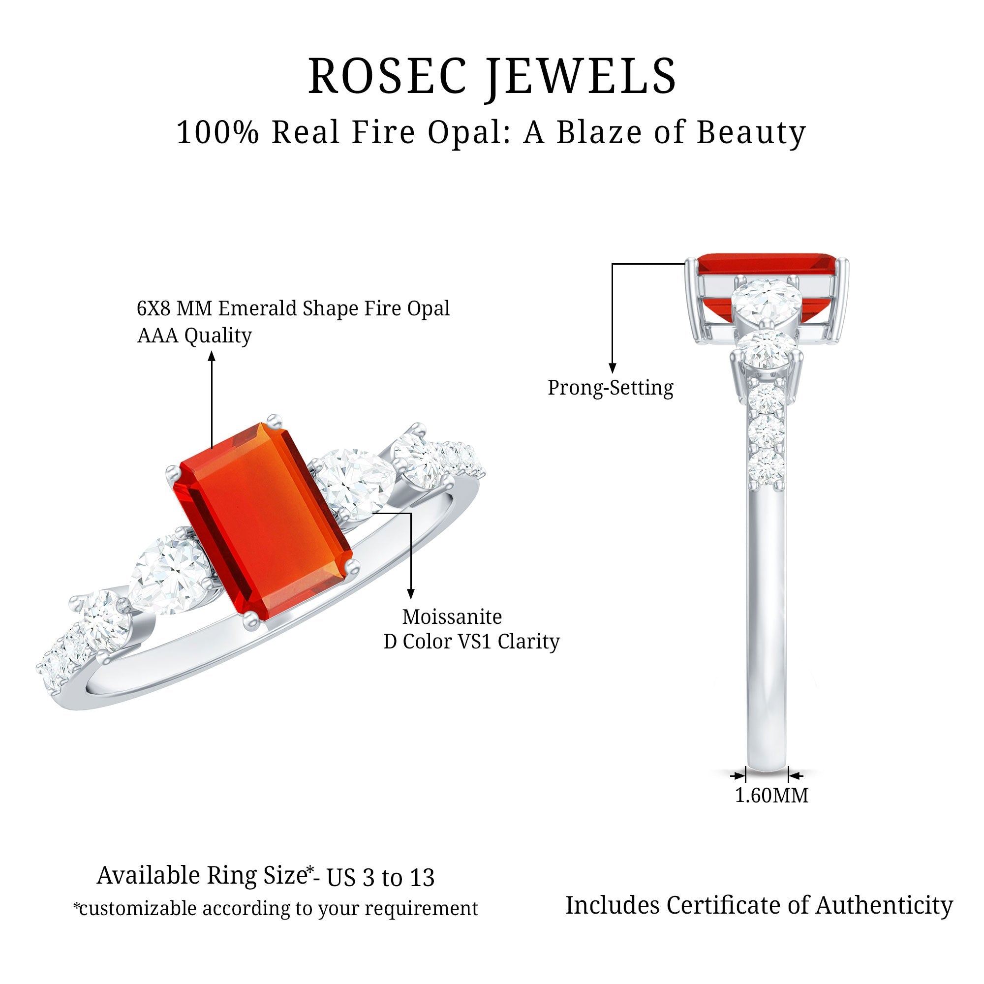 1 Carat Fire Opal Emerald Cut Engagement Ring with Diamond Side Stones