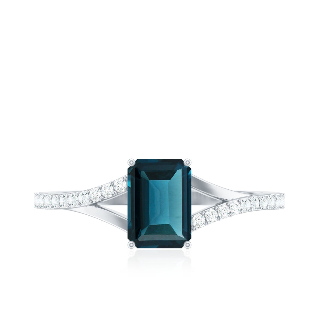 6X8mm Emerald Cut London Blue Topaz Split Shank Engagement Ring with Diamond