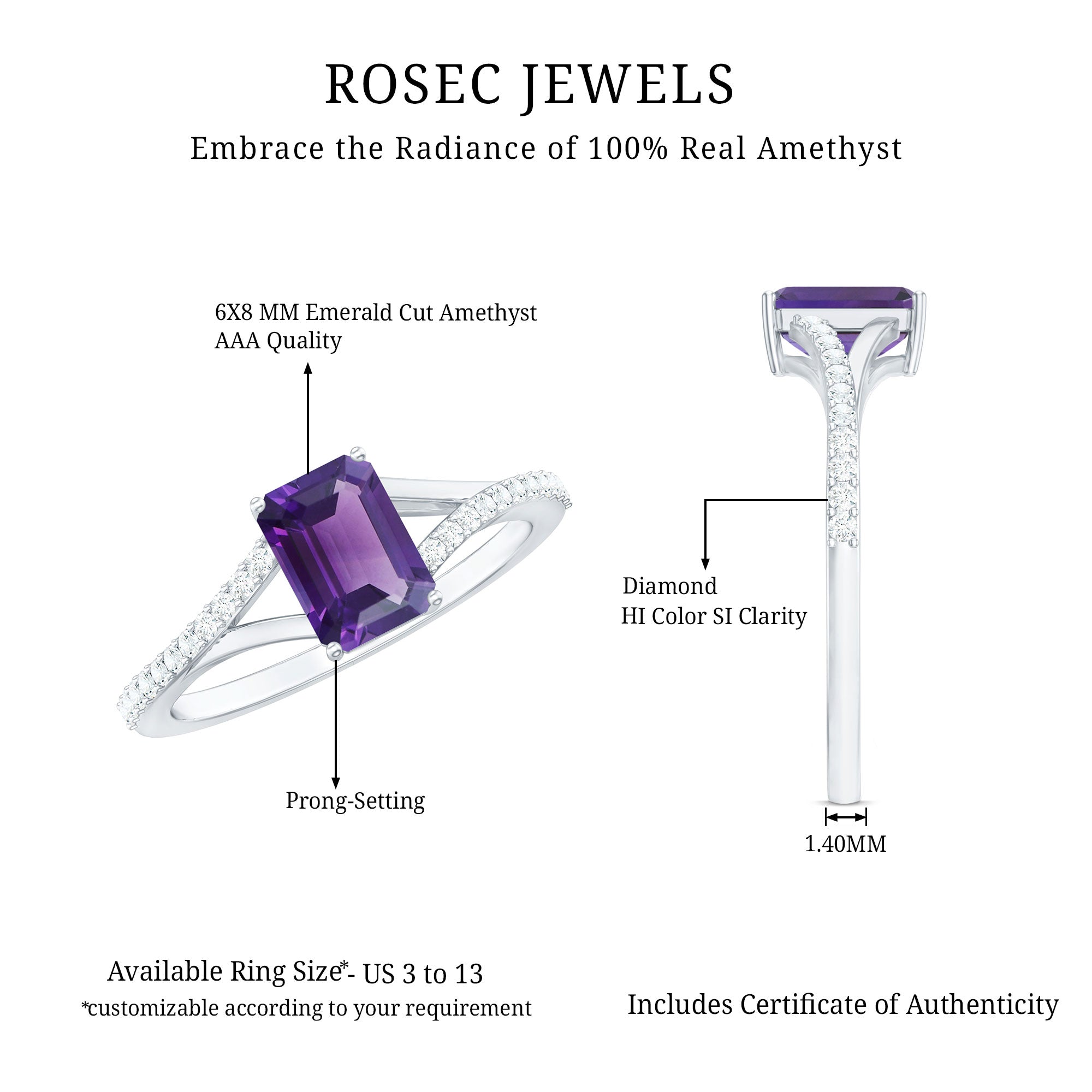 1.4 Carat Amethyst Emerald Cut Engagement Ring with Diamond Split Shank