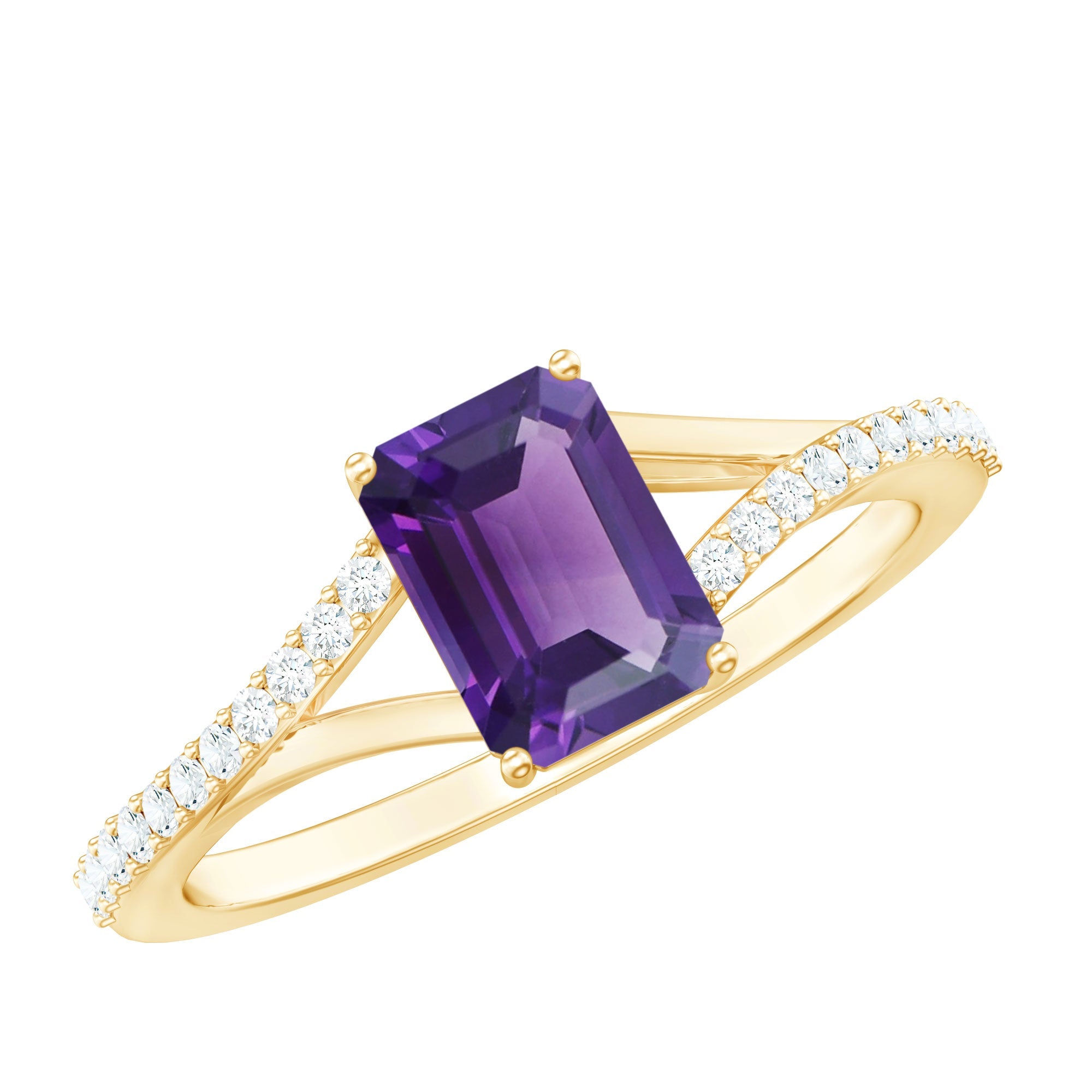 1.4 Carat Amethyst Emerald Cut Engagement Ring with Diamond Split Shank
