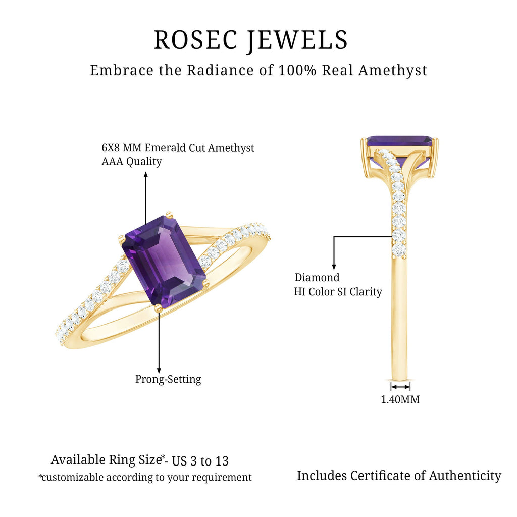 1.4 Carat Amethyst Emerald Cut Engagement Ring with Diamond Split Shank