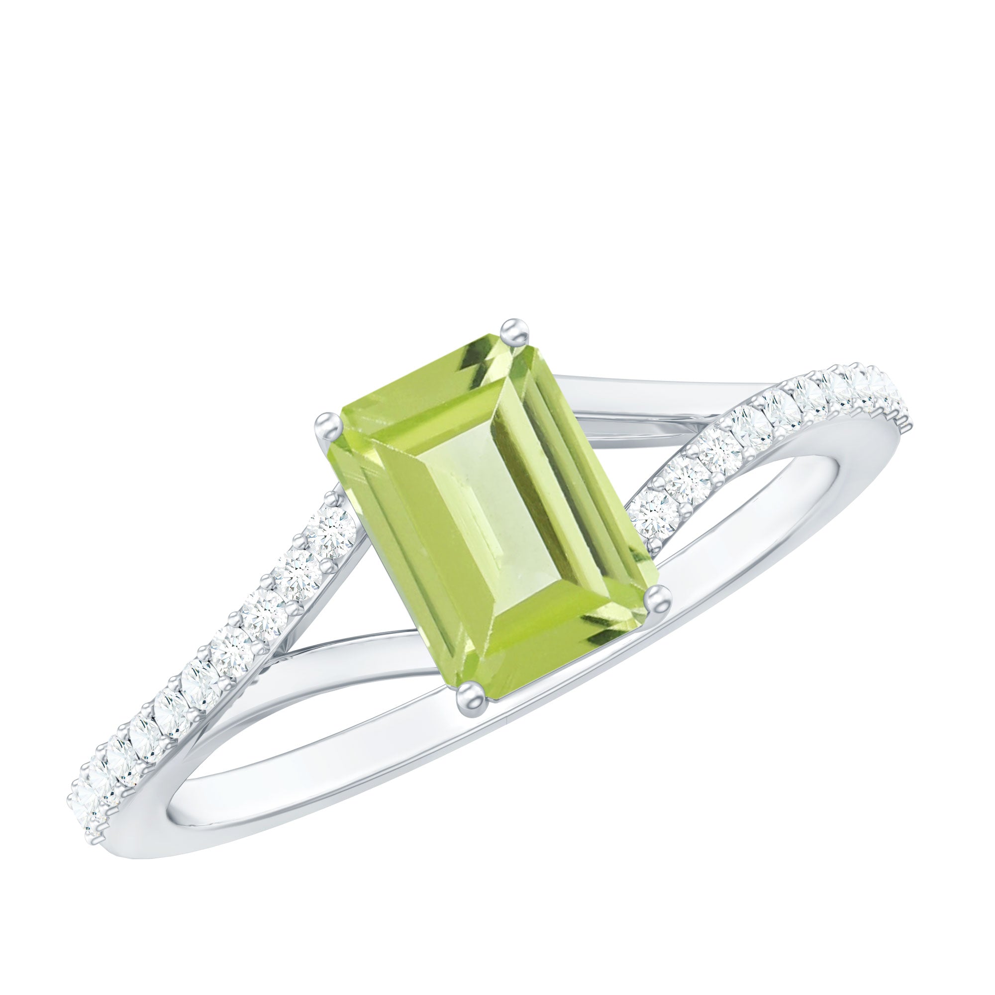 1.8 Carat Peridot Emerald Cut Engagement Ring with Diamond Split Shank