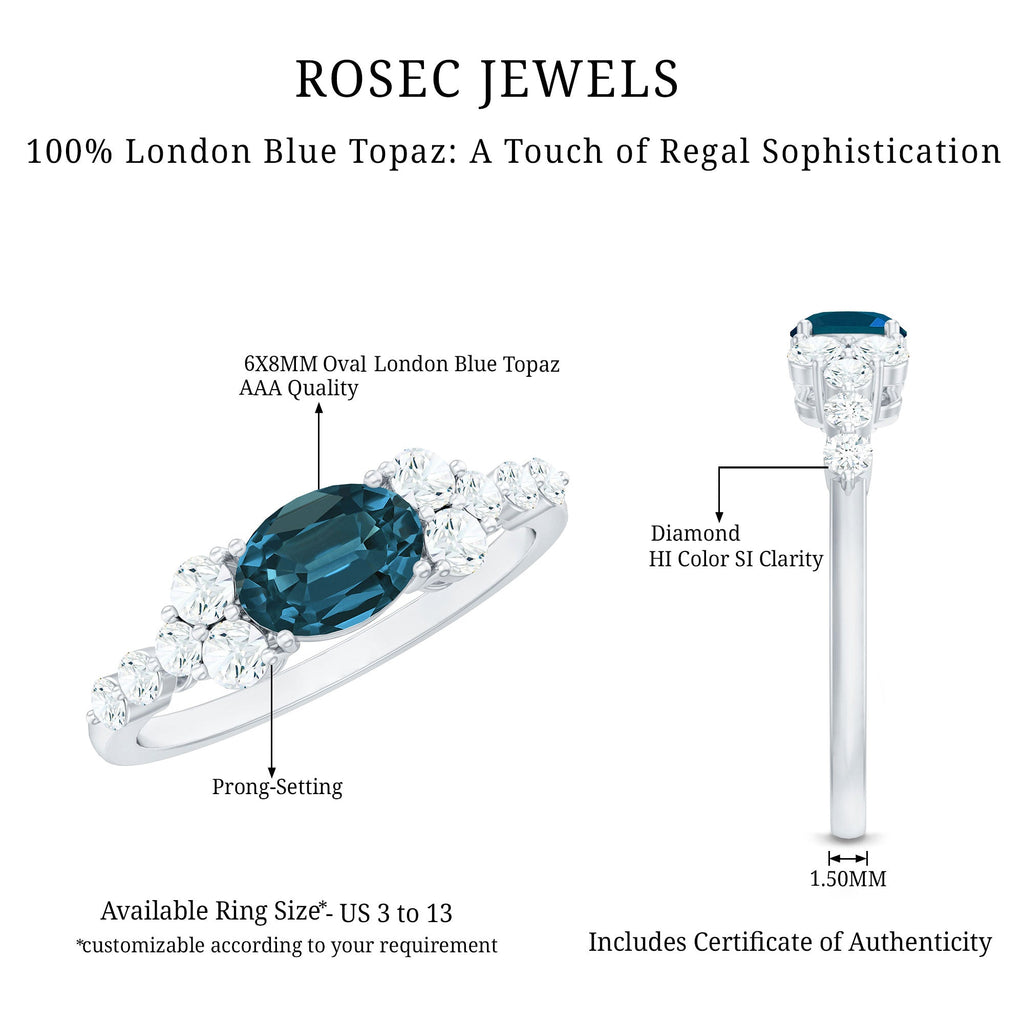 6X8mm Oval Cut London Blue Topaz Promise Ring with Diamond
