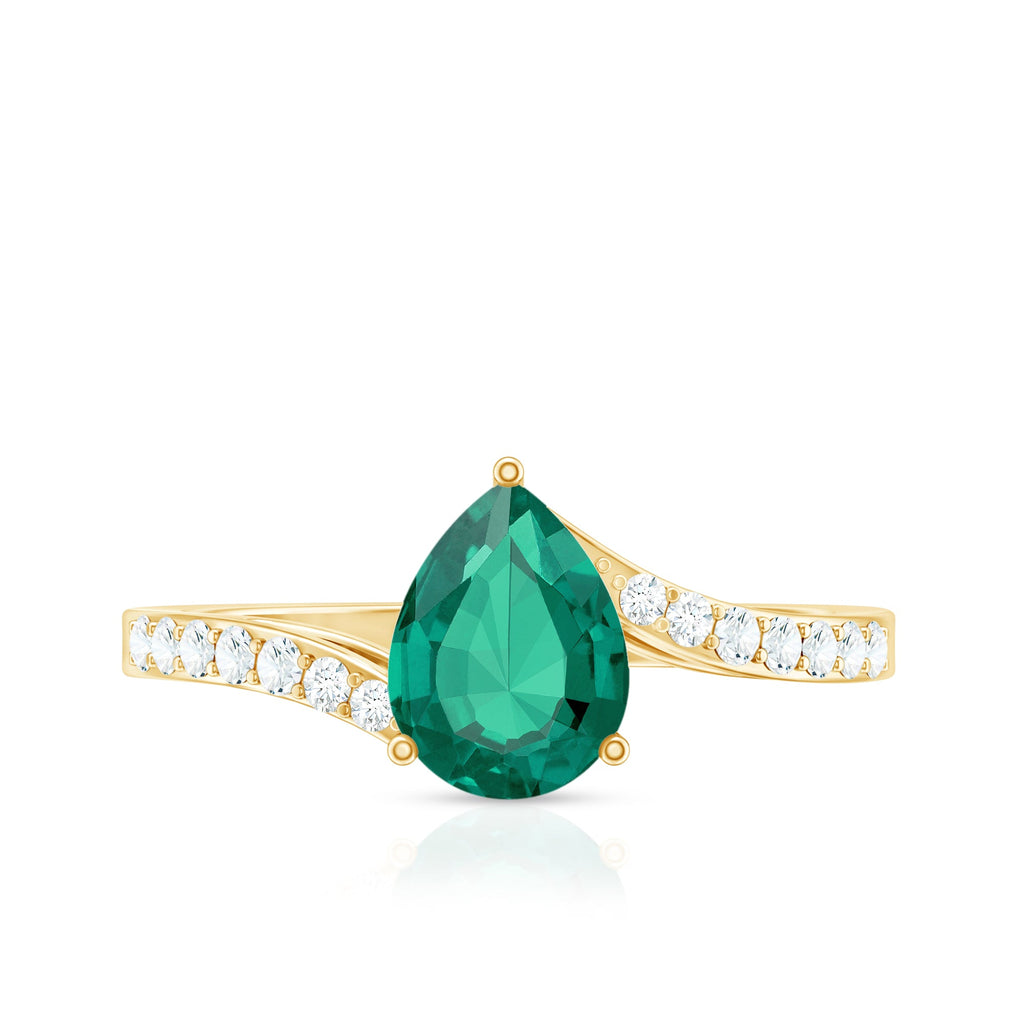 Classic Lab Grown Emerald Diamond Teardrop Engagement Ring with Bypass Shank