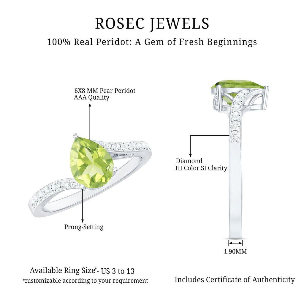1 Carat Pear Shaped Peridot Engagement Ring with Diamond Bypass Shank