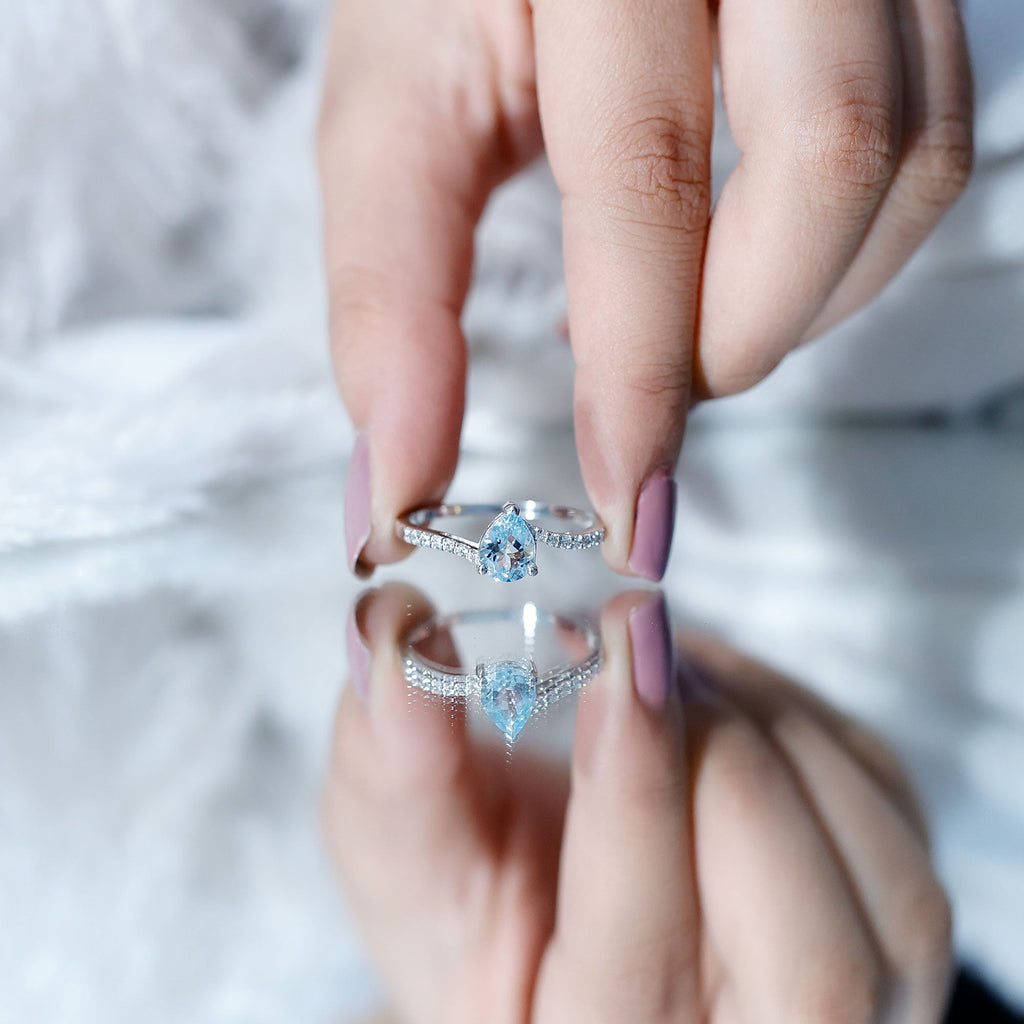 Pear Cut Aquamarine Teardrop Engagement Ring with Diamond
