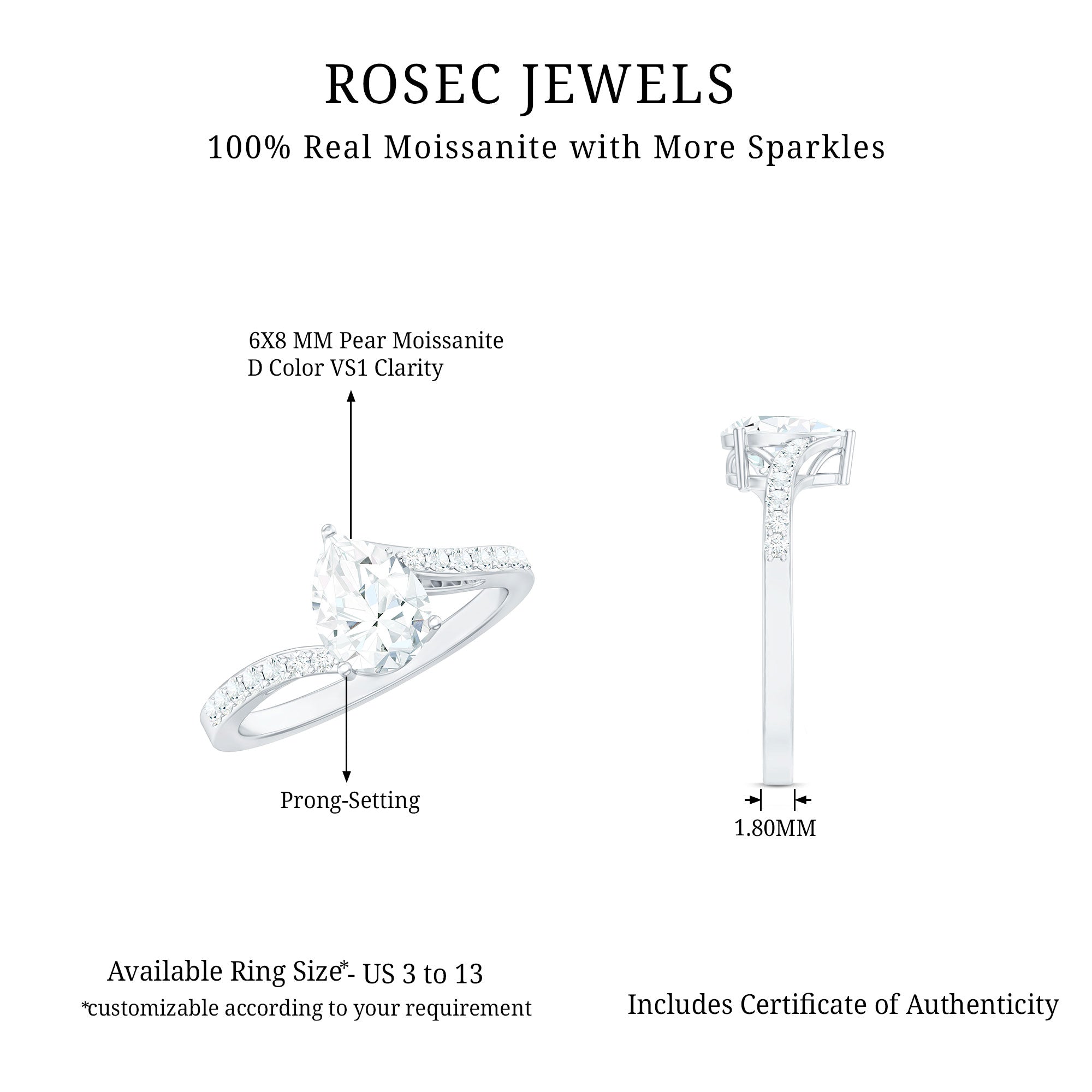 Pear Shape Moissanite Solitaire Bypass Engagement Ring