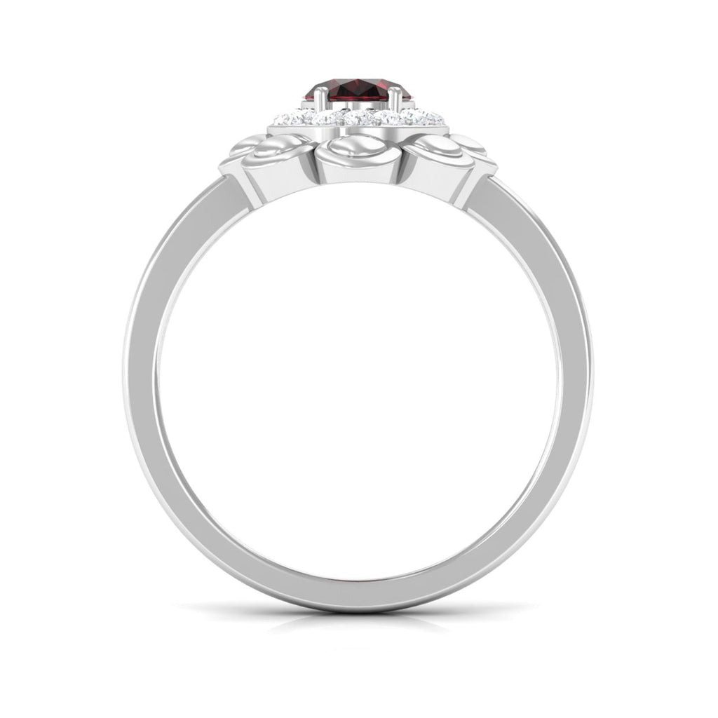 Natural 6X8mm Oval Garnet Flower Engagement Ring with Diamond