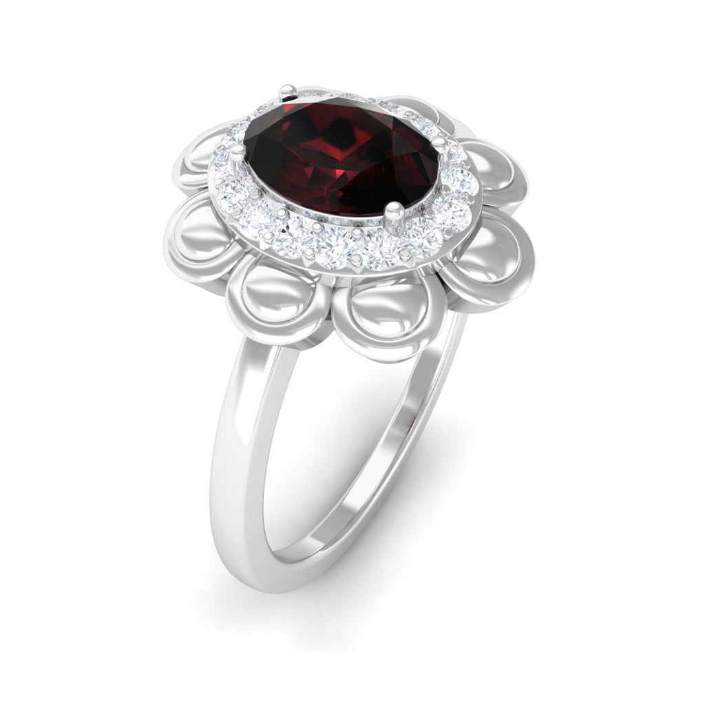 Natural 6X8mm Oval Garnet Flower Engagement Ring with Diamond