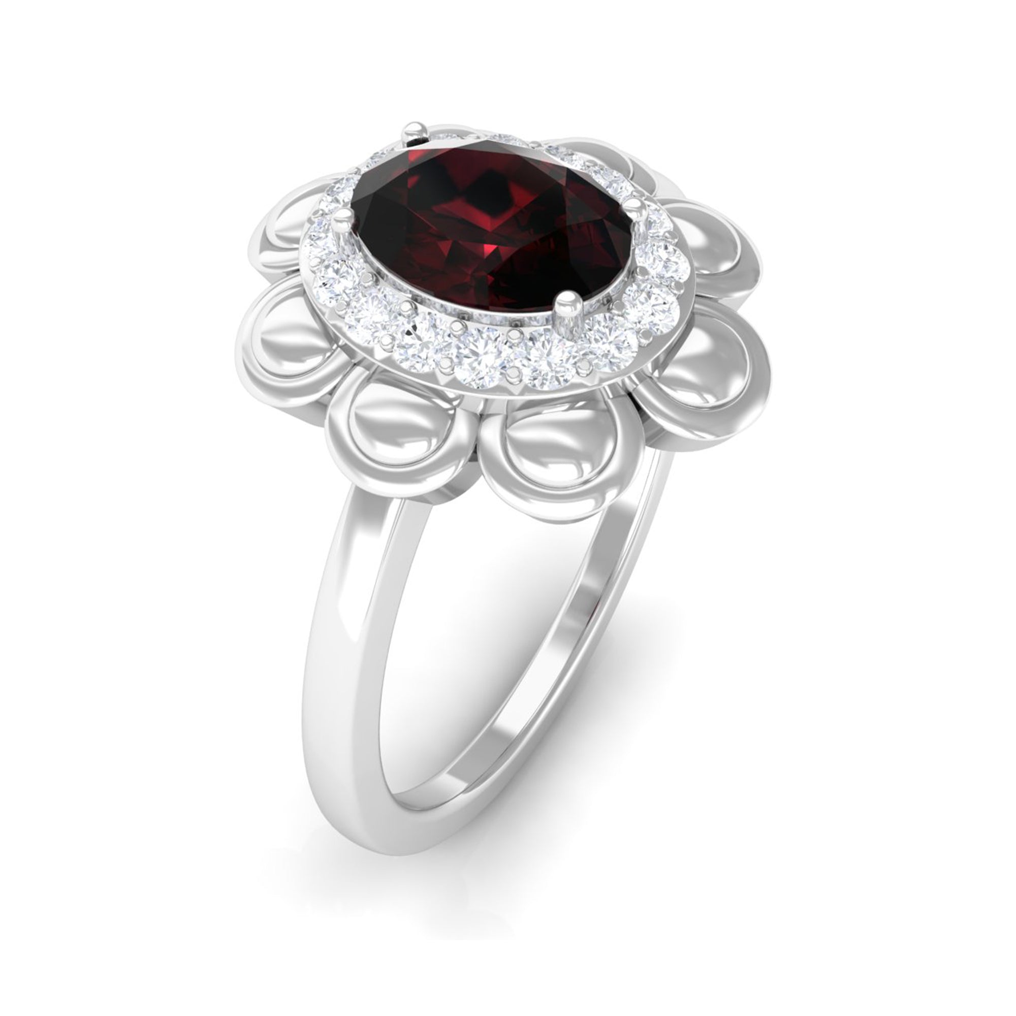 Natural 6X8mm Oval Garnet Flower Engagement Ring with Diamond