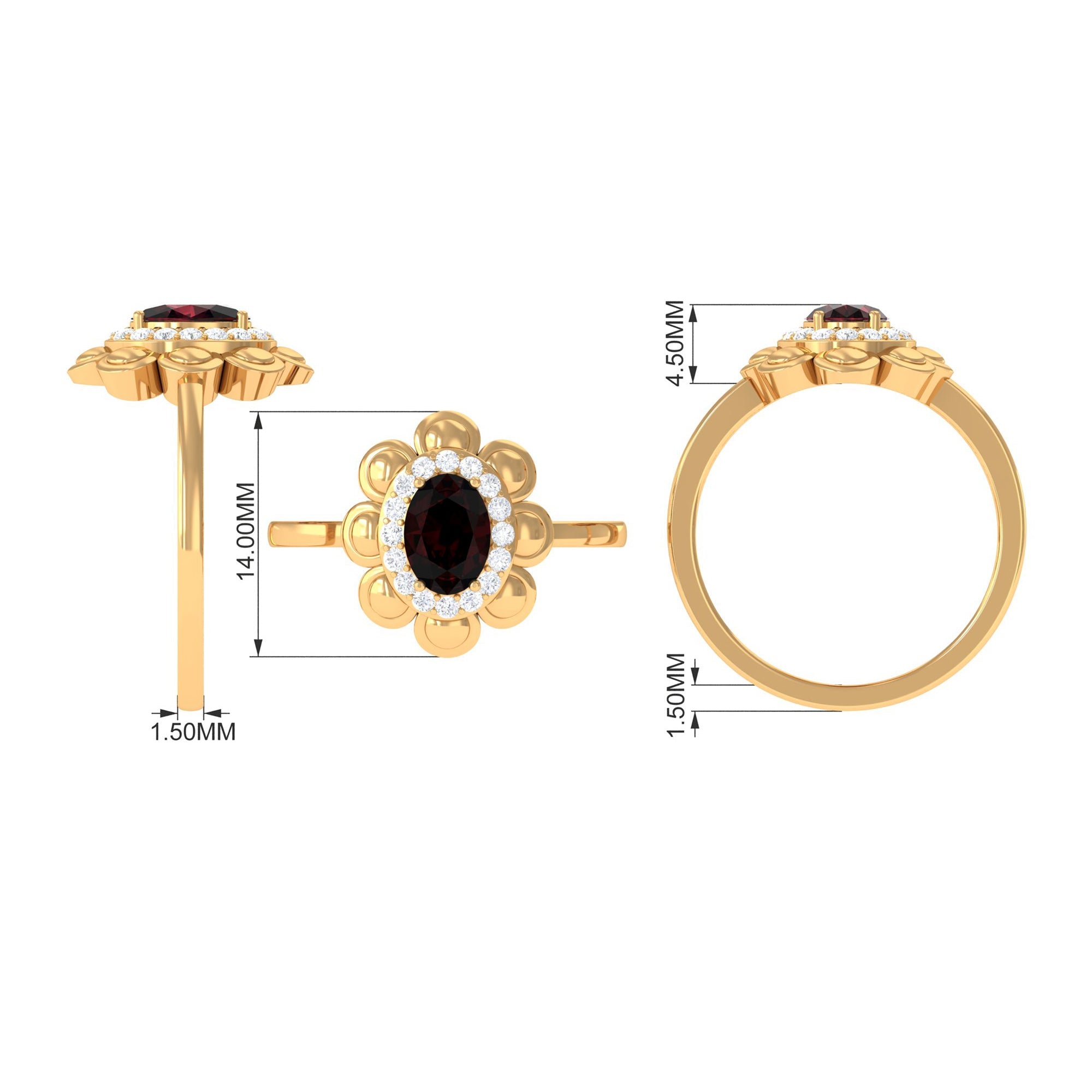 Natural 6X8mm Oval Garnet Flower Engagement Ring with Diamond