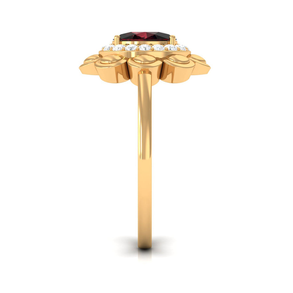 Natural 6X8mm Oval Garnet Flower Engagement Ring with Diamond