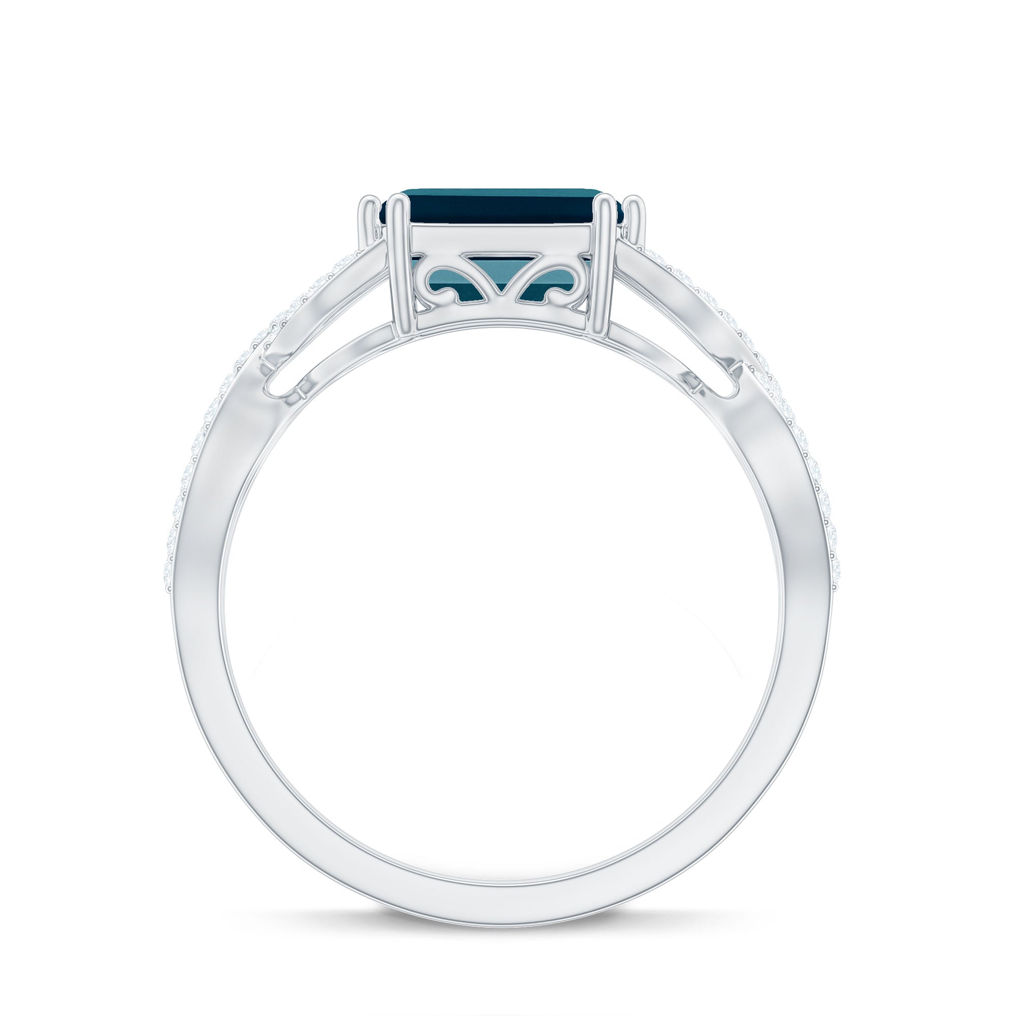 6X8mm Emerald Cut London Blue Topaz East West Engagement Ring with Diamond