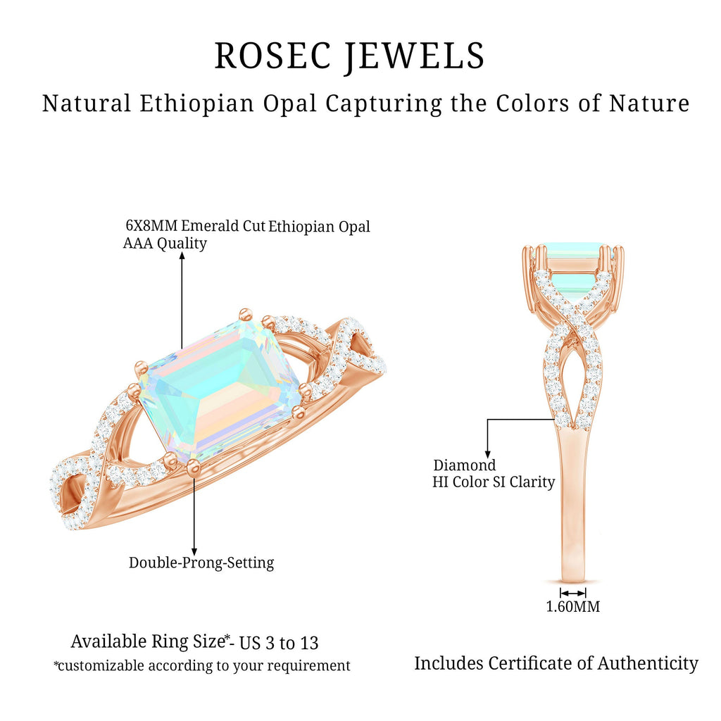 Natural Emerald Cut Opalescent Diamond Engagement Ring in East West Style