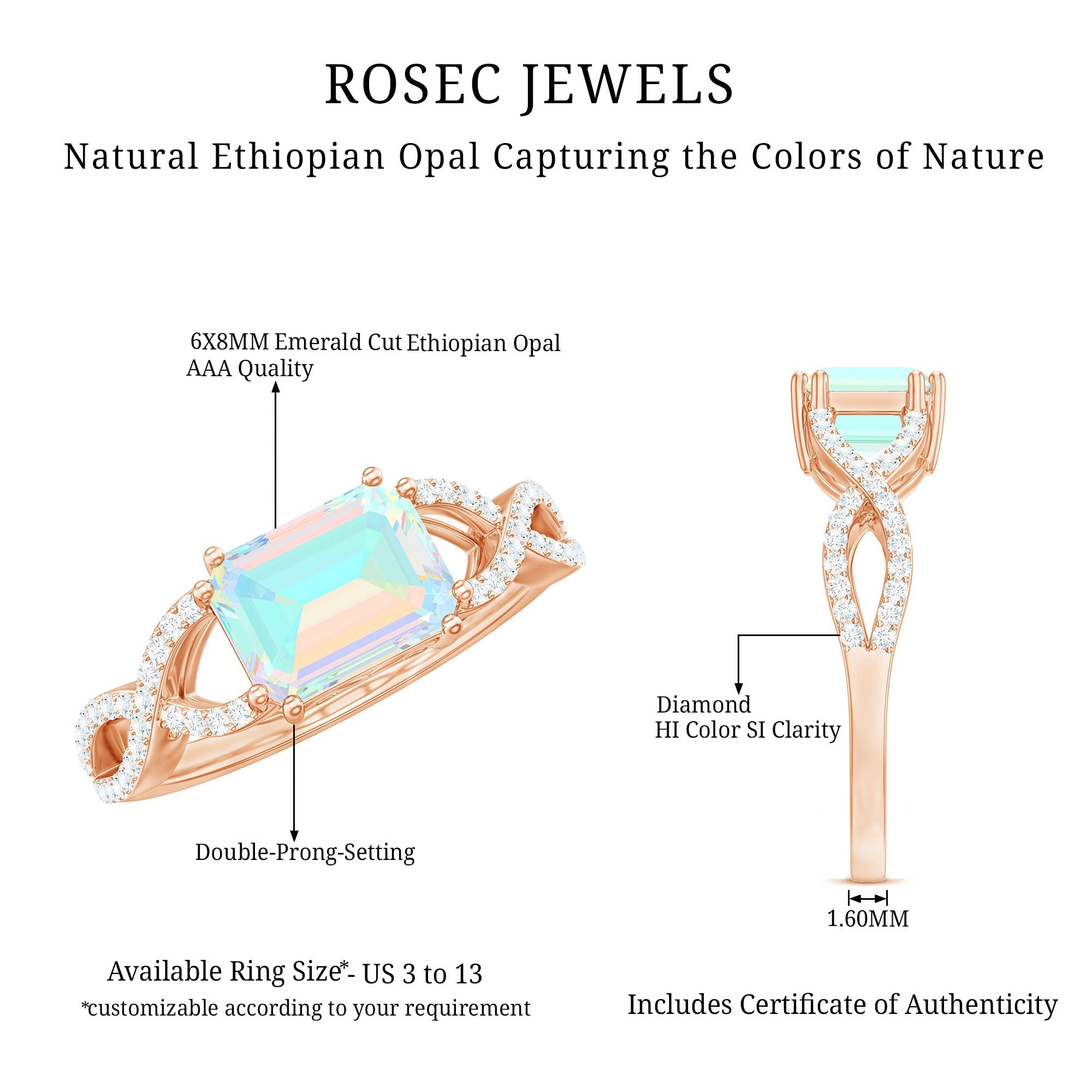 Natural Emerald Cut Opalescent Diamond Engagement Ring in East West Style