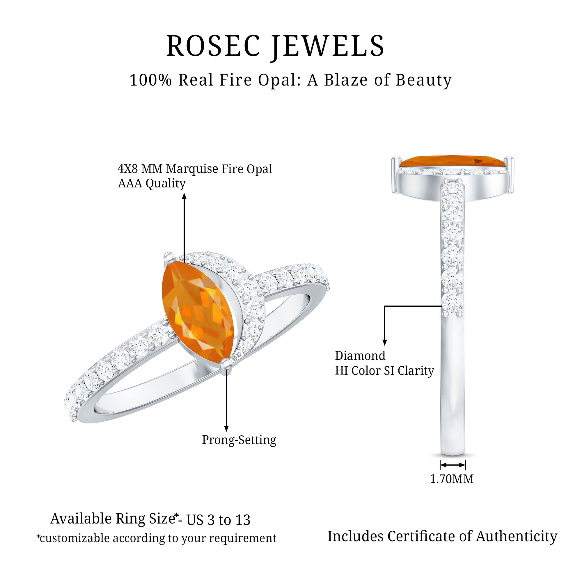 Minimal Marquise Fire Opal and Diamond Engagement Ring