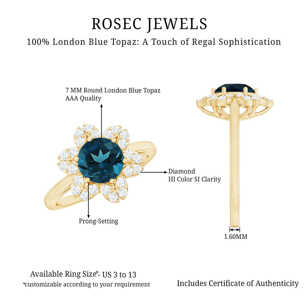 7mm Round London Blue Topaz Floral Engagement Ring with Diamond