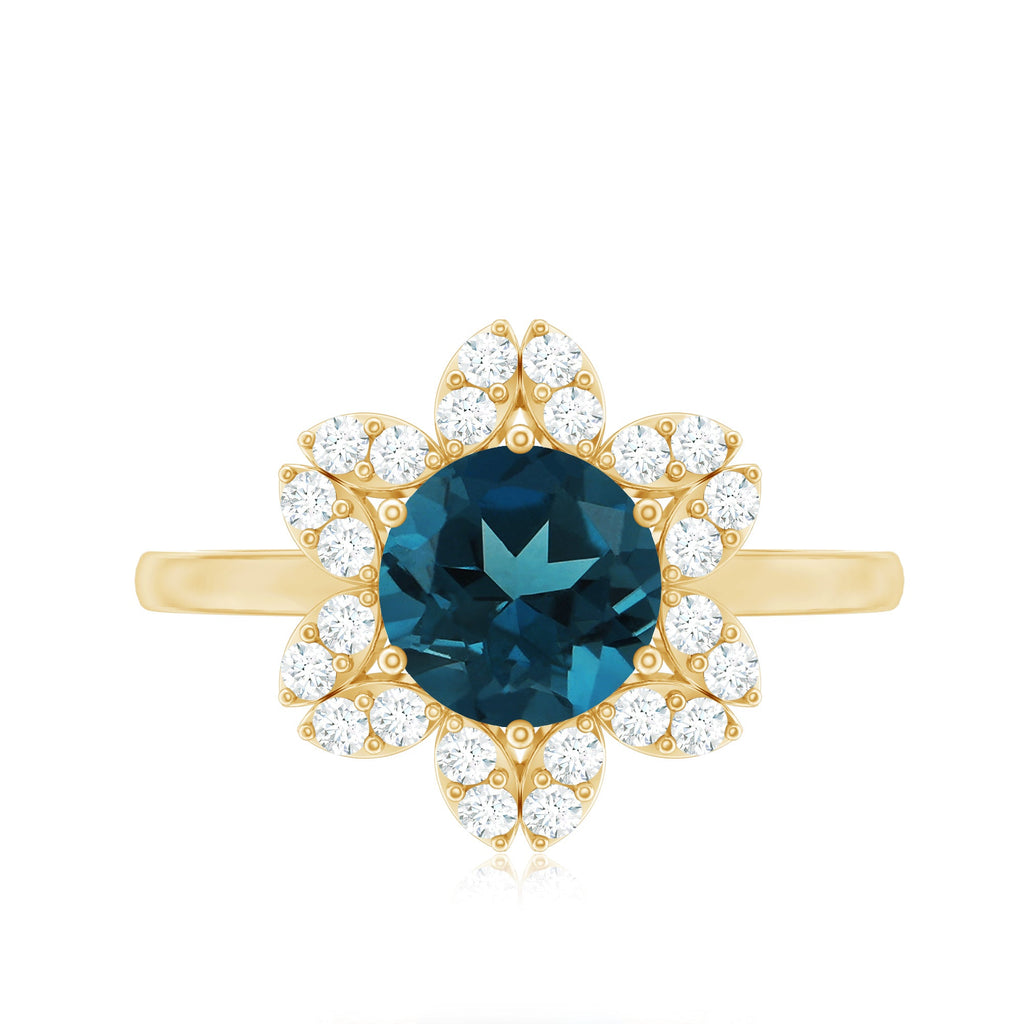 7mm Round London Blue Topaz Floral Engagement Ring with Diamond
