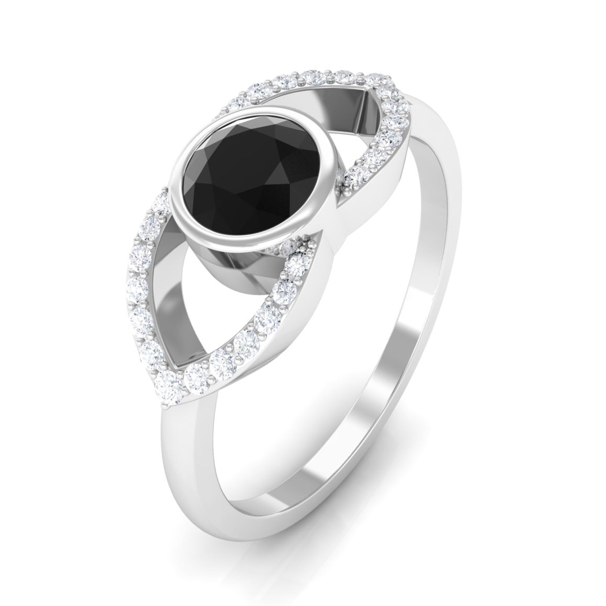 Bezel Set Solitaire Black Spinel and Diamond Ring in Split Shank