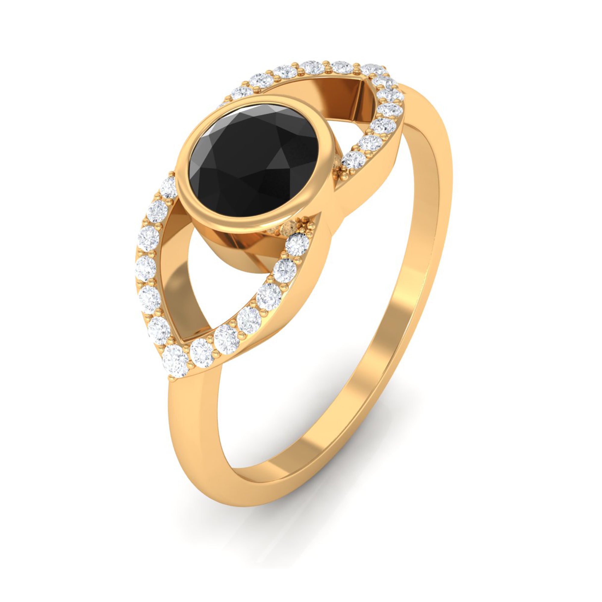 Bezel Set Solitaire Black Spinel and Diamond Ring in Split Shank