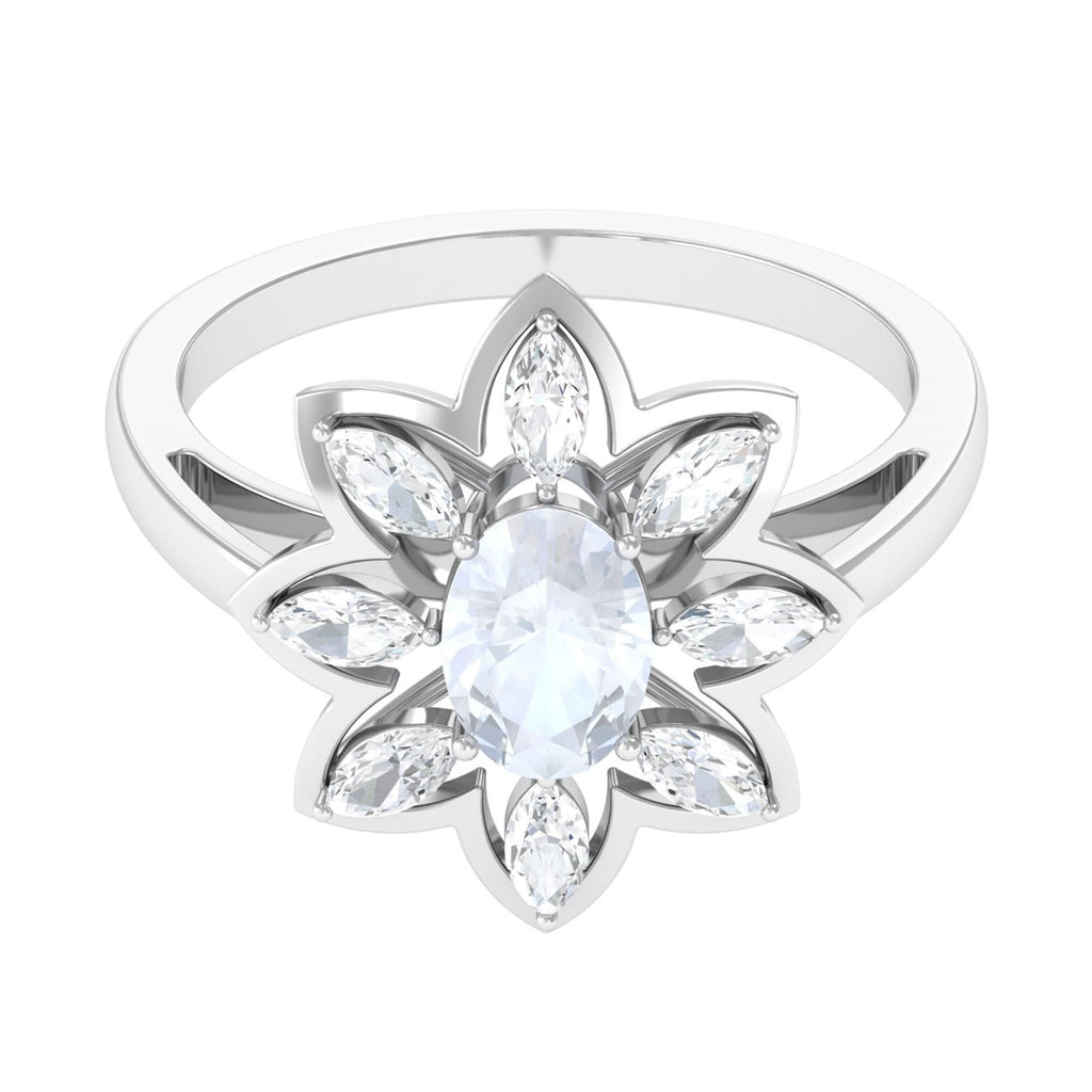 Oval Cut Moonstone and Diamond Flower Cocktail Ring