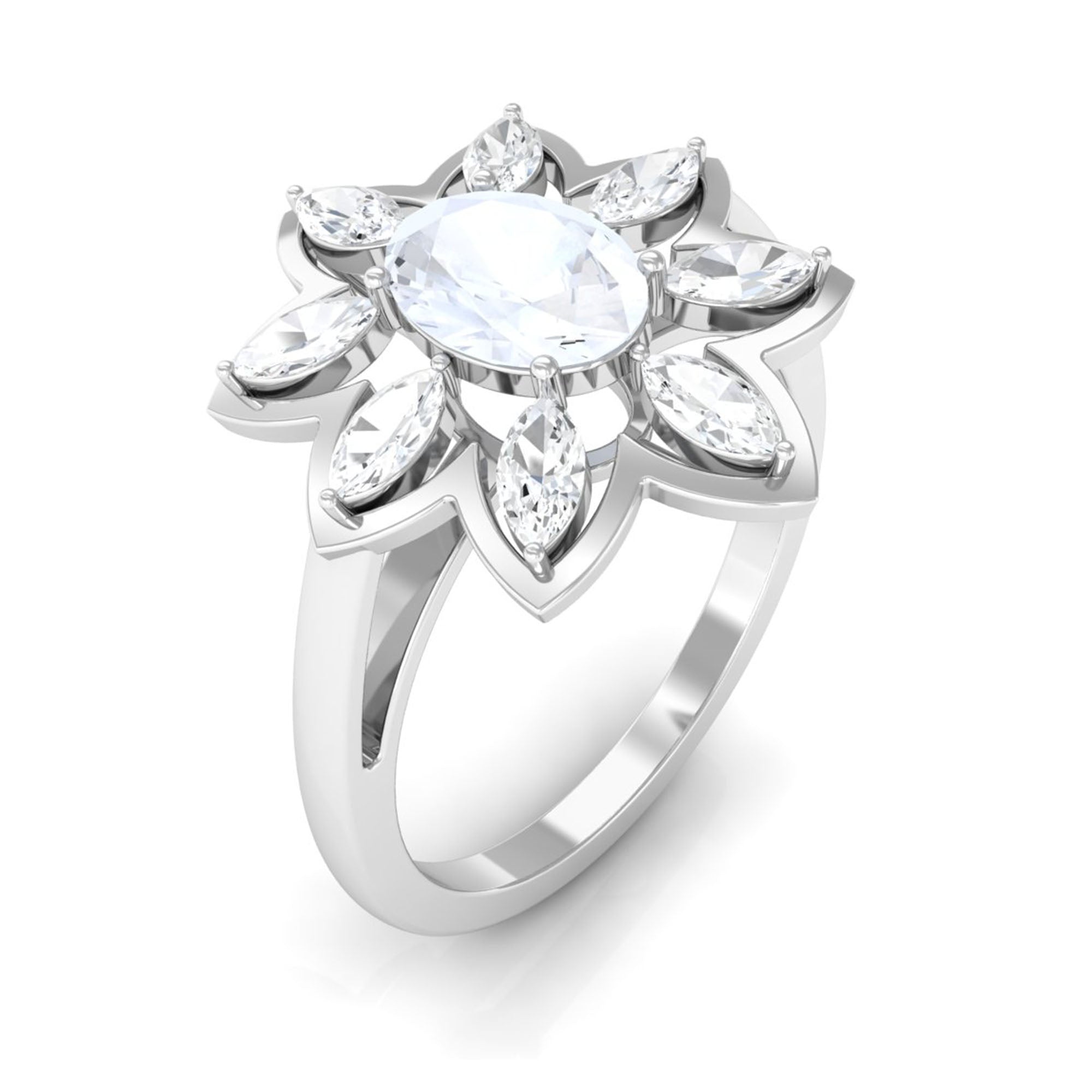 Oval Cut Moonstone and Diamond Flower Cocktail Ring