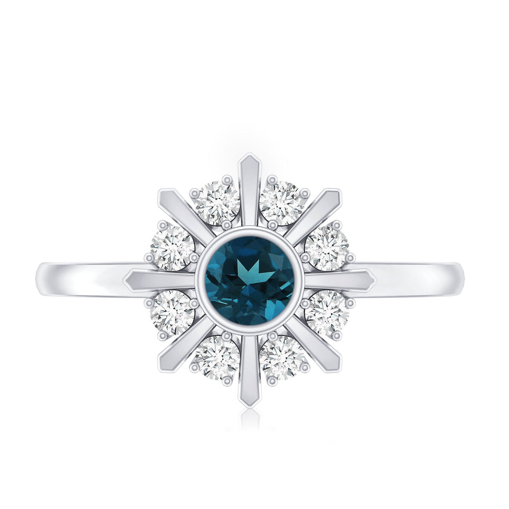 5mm Round London Blue Topaz Flower Ring with Diamond