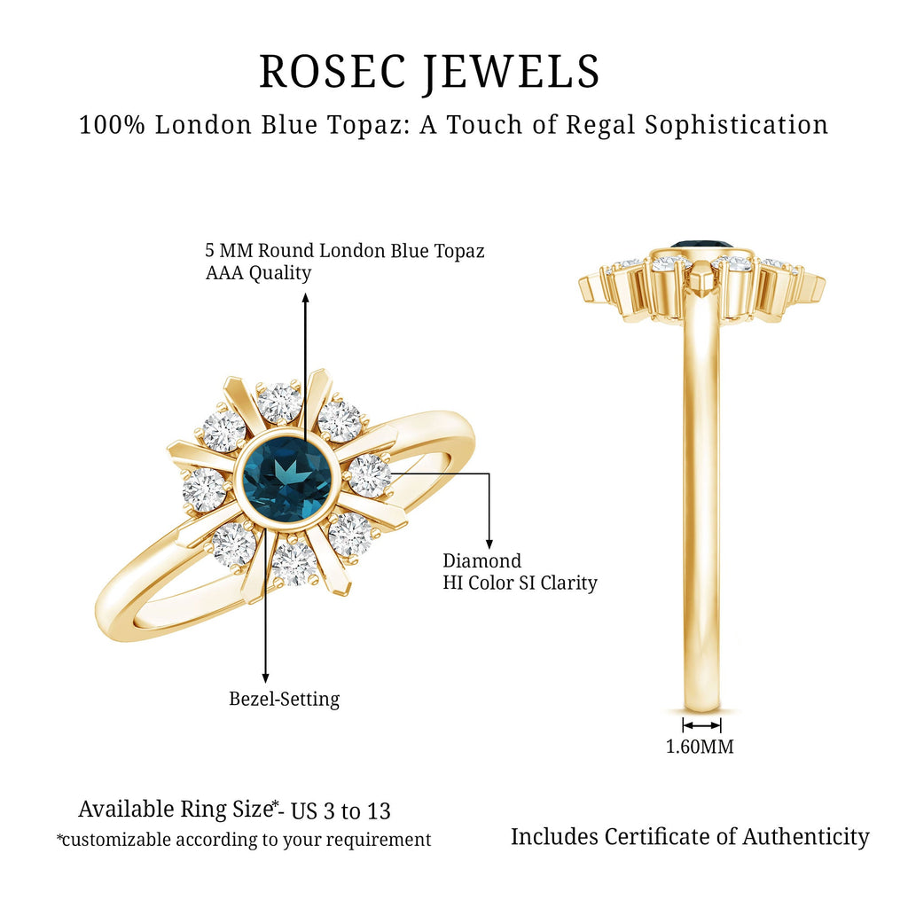5mm Round London Blue Topaz Flower Ring with Diamond