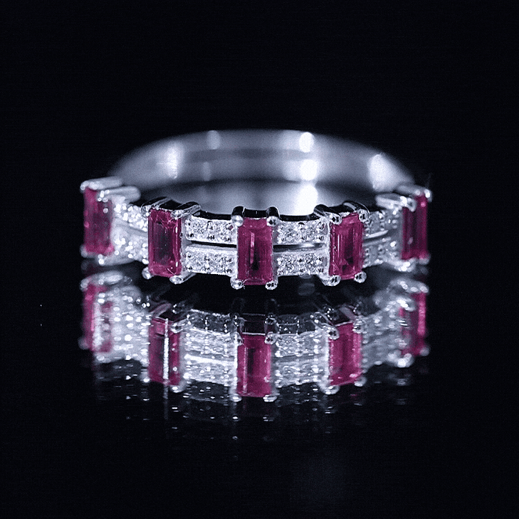 Real Baguette Ruby Half Eternity Band Ring with Diamond