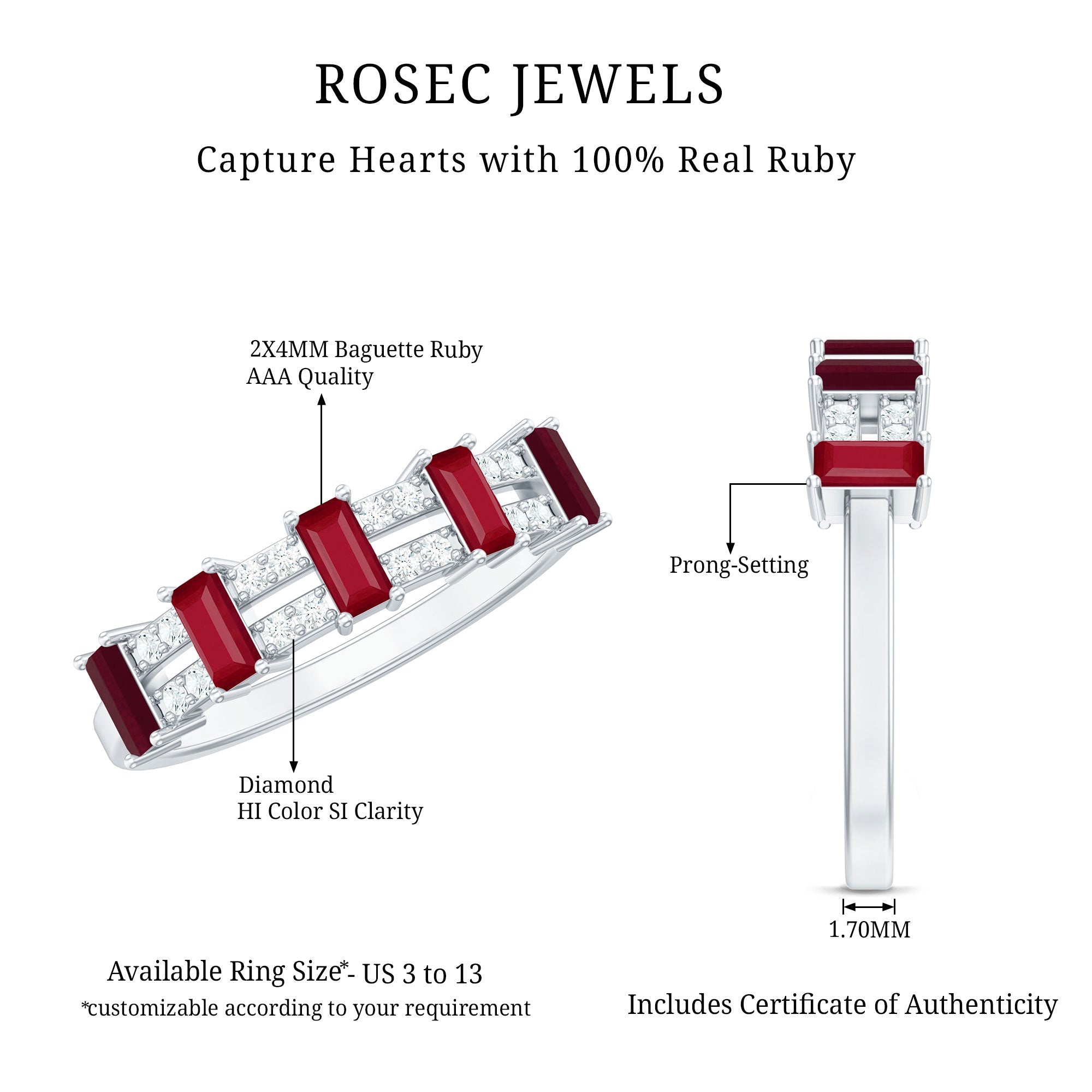 Real Baguette Ruby Half Eternity Band Ring with Diamond