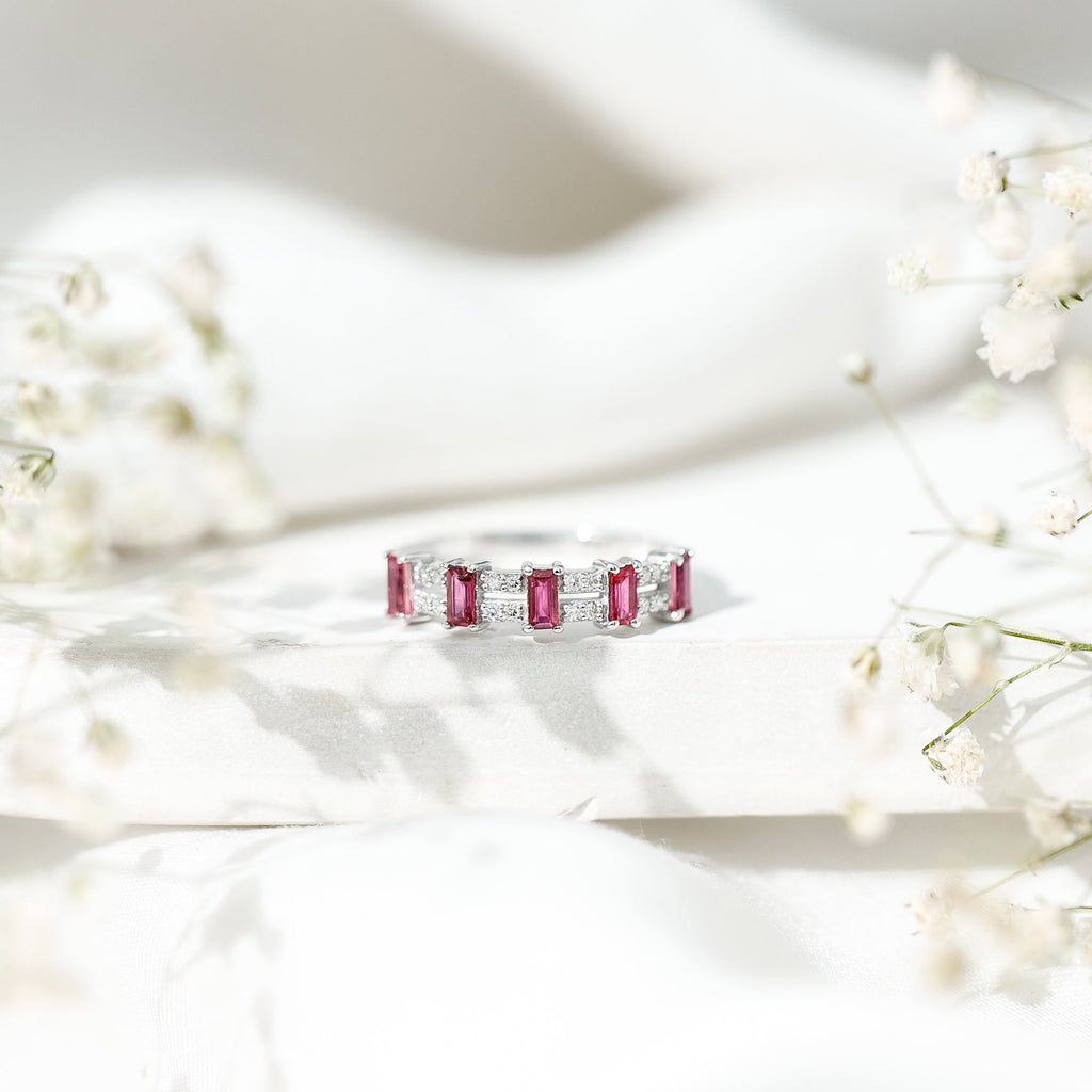 Real Baguette Ruby Half Eternity Band Ring with Diamond