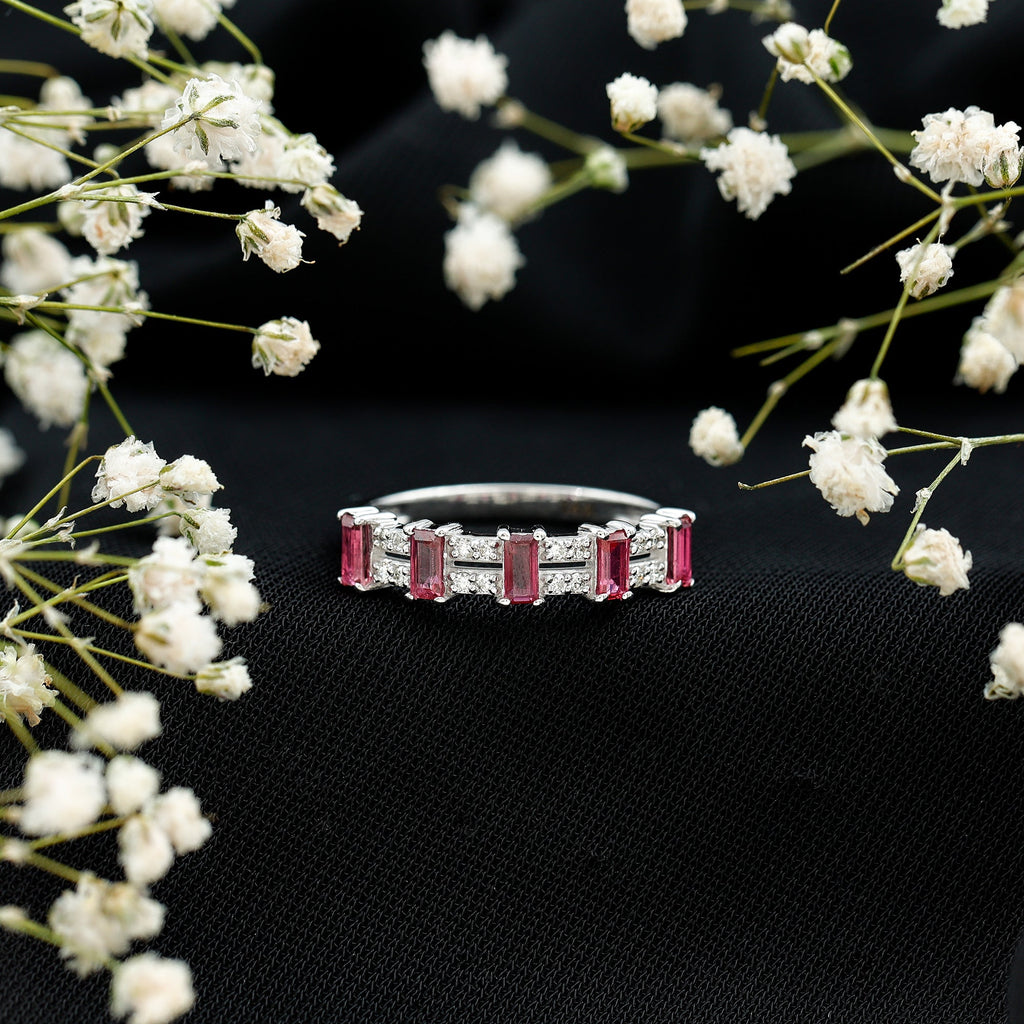 Real Baguette Ruby Half Eternity Band Ring with Diamond