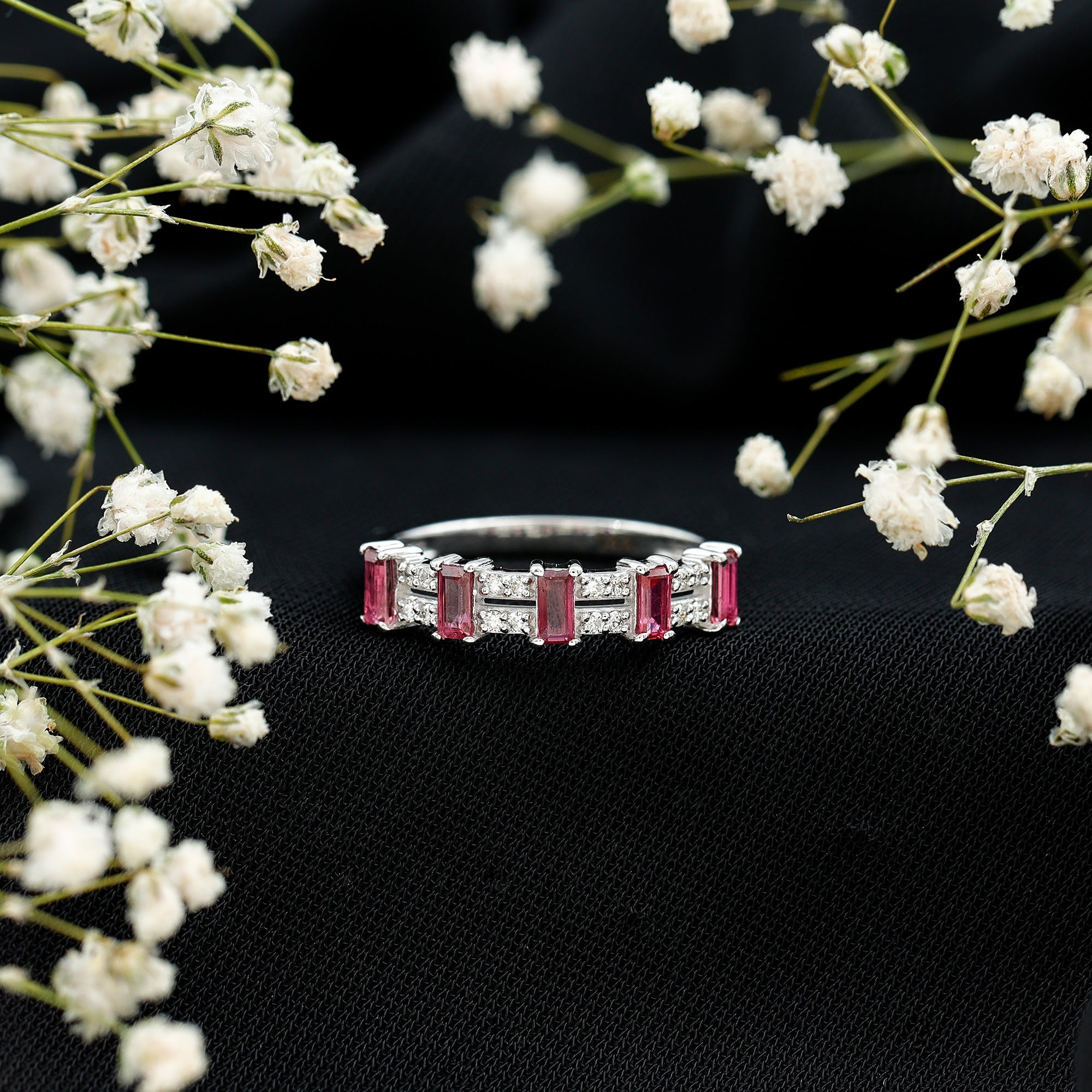 Real Baguette Ruby Half Eternity Band Ring with Diamond