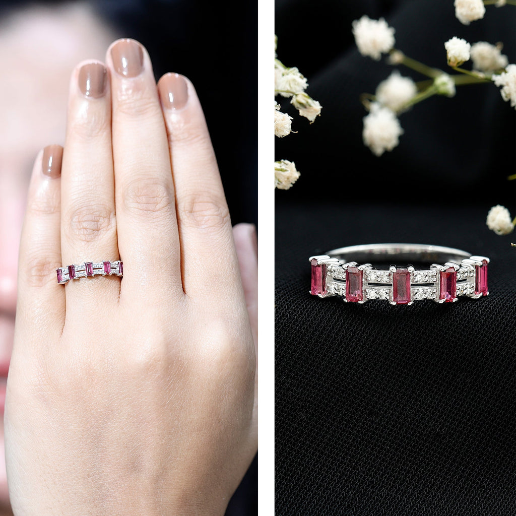 Real Baguette Ruby Half Eternity Band Ring with Diamond
