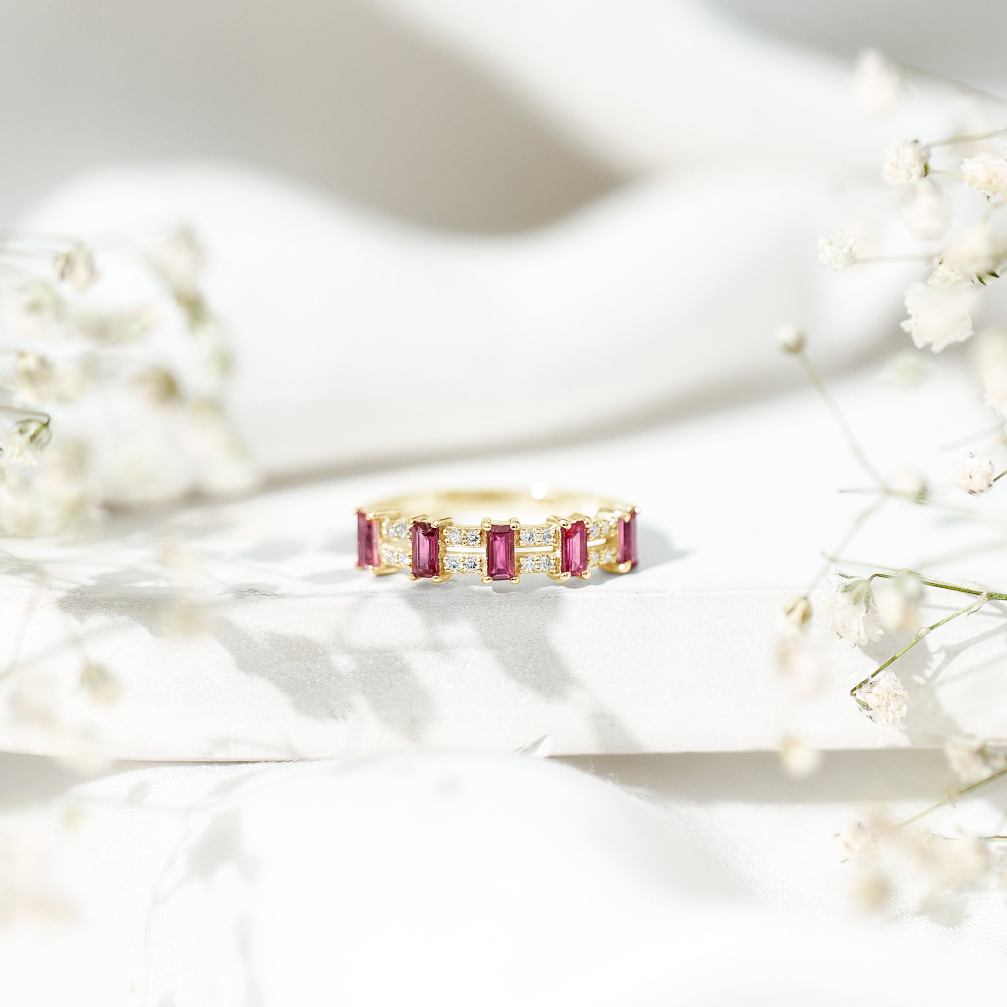 Real Baguette Ruby Half Eternity Band Ring with Diamond