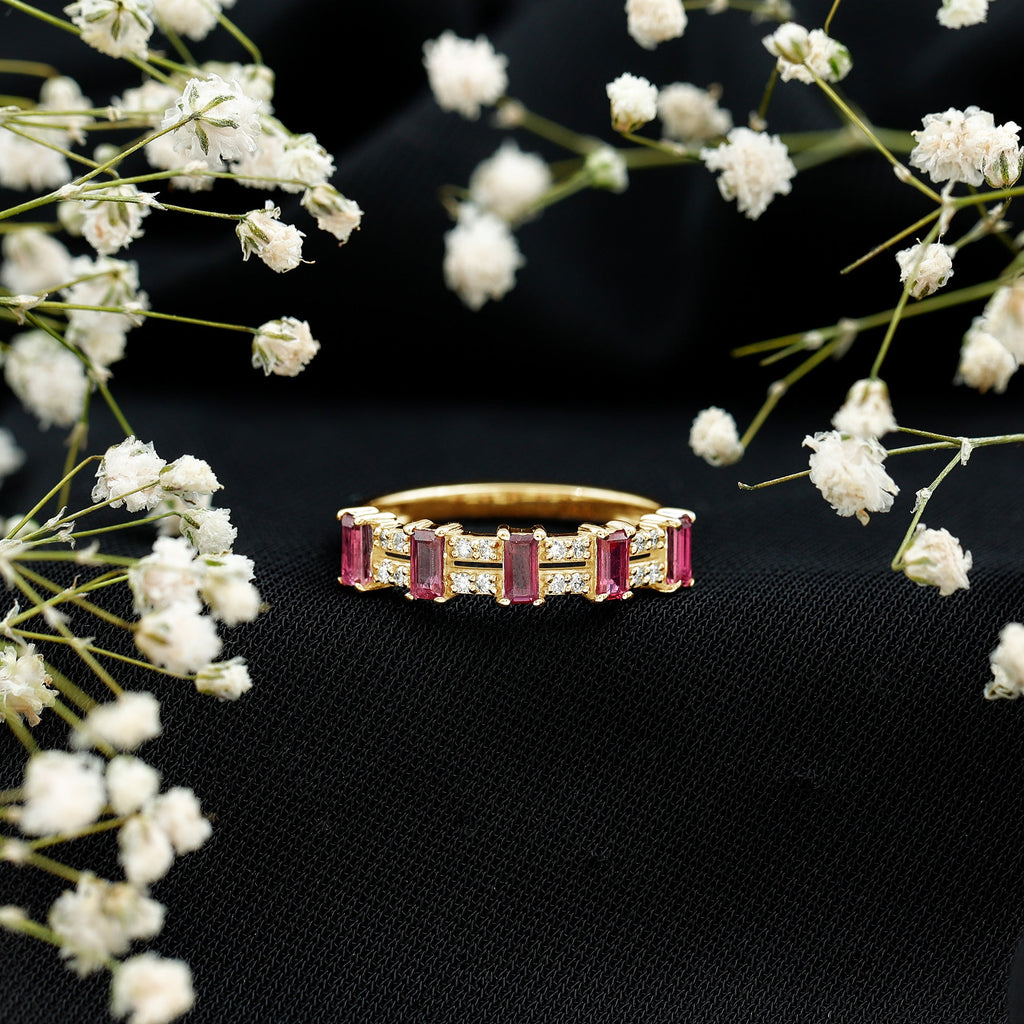 Real Baguette Ruby Half Eternity Band Ring with Diamond
