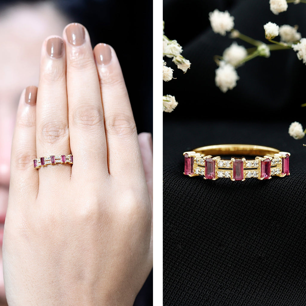 Real Baguette Ruby Half Eternity Band Ring with Diamond