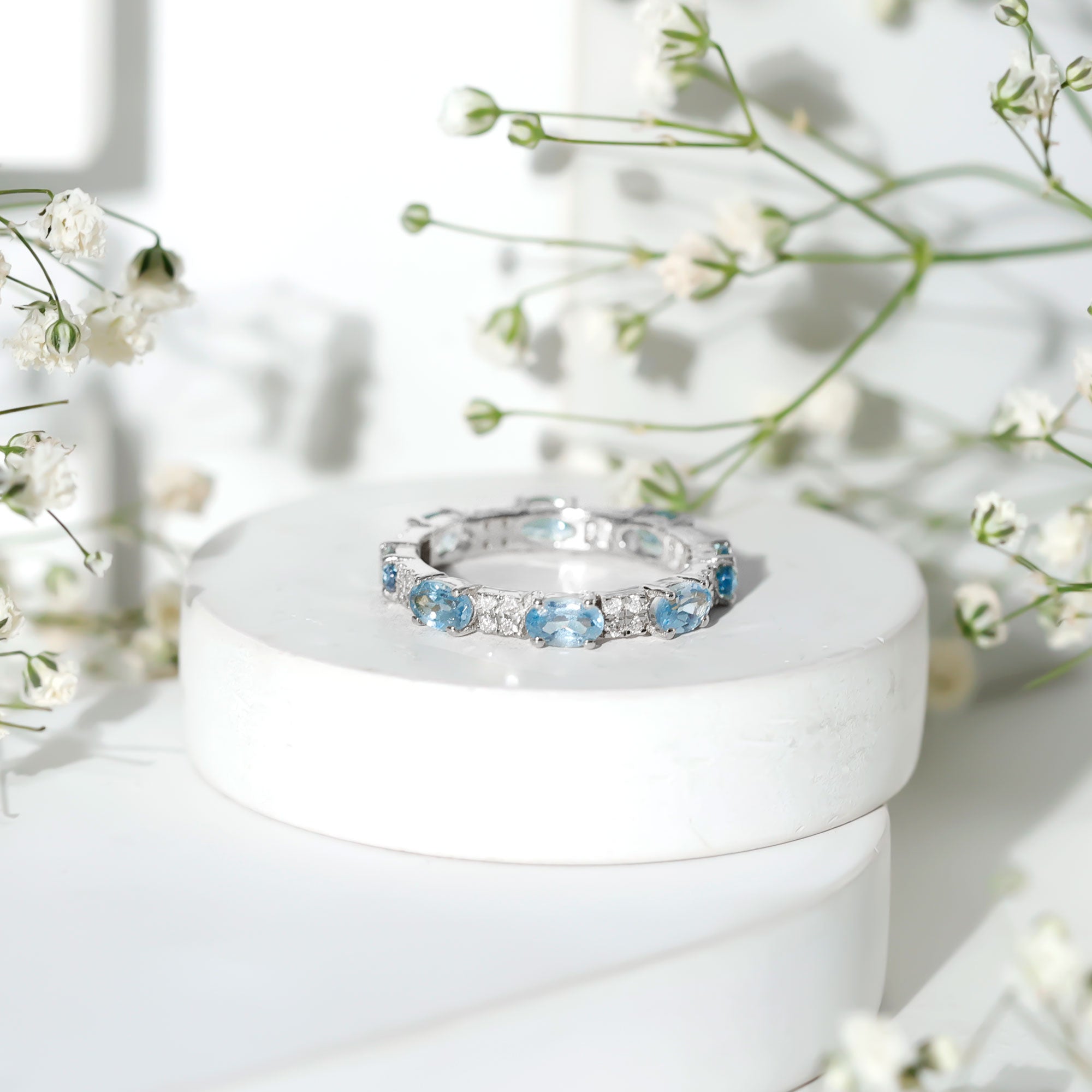 Real Aquamarine and Diamond Full Eternity Ring