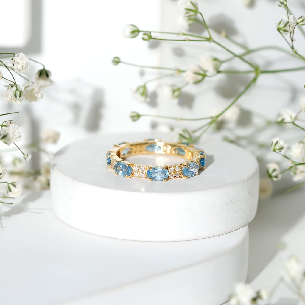 Real Aquamarine and Diamond Full Eternity Ring