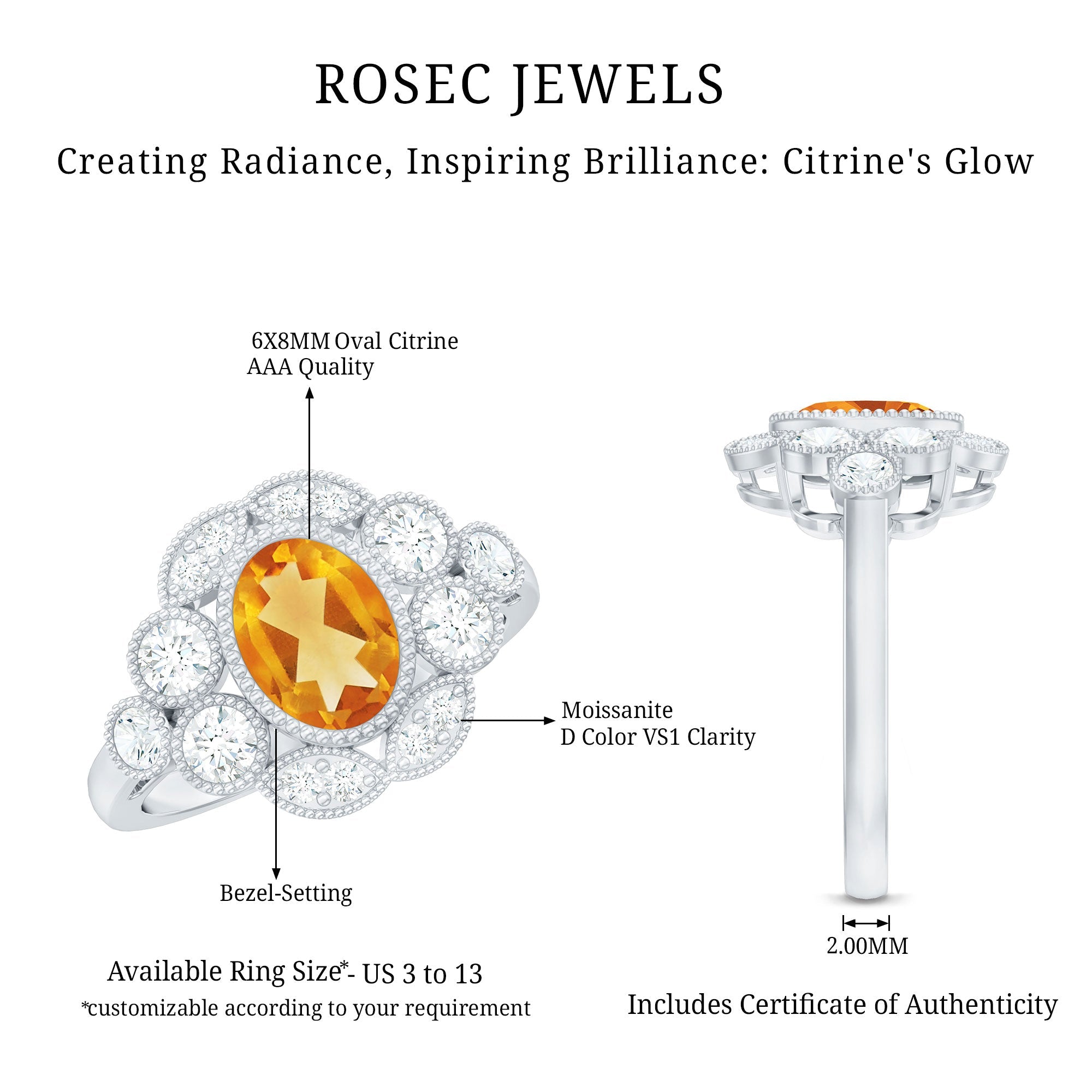 Vintage Looking Citrine Huge Engagement Ring with Moissanite