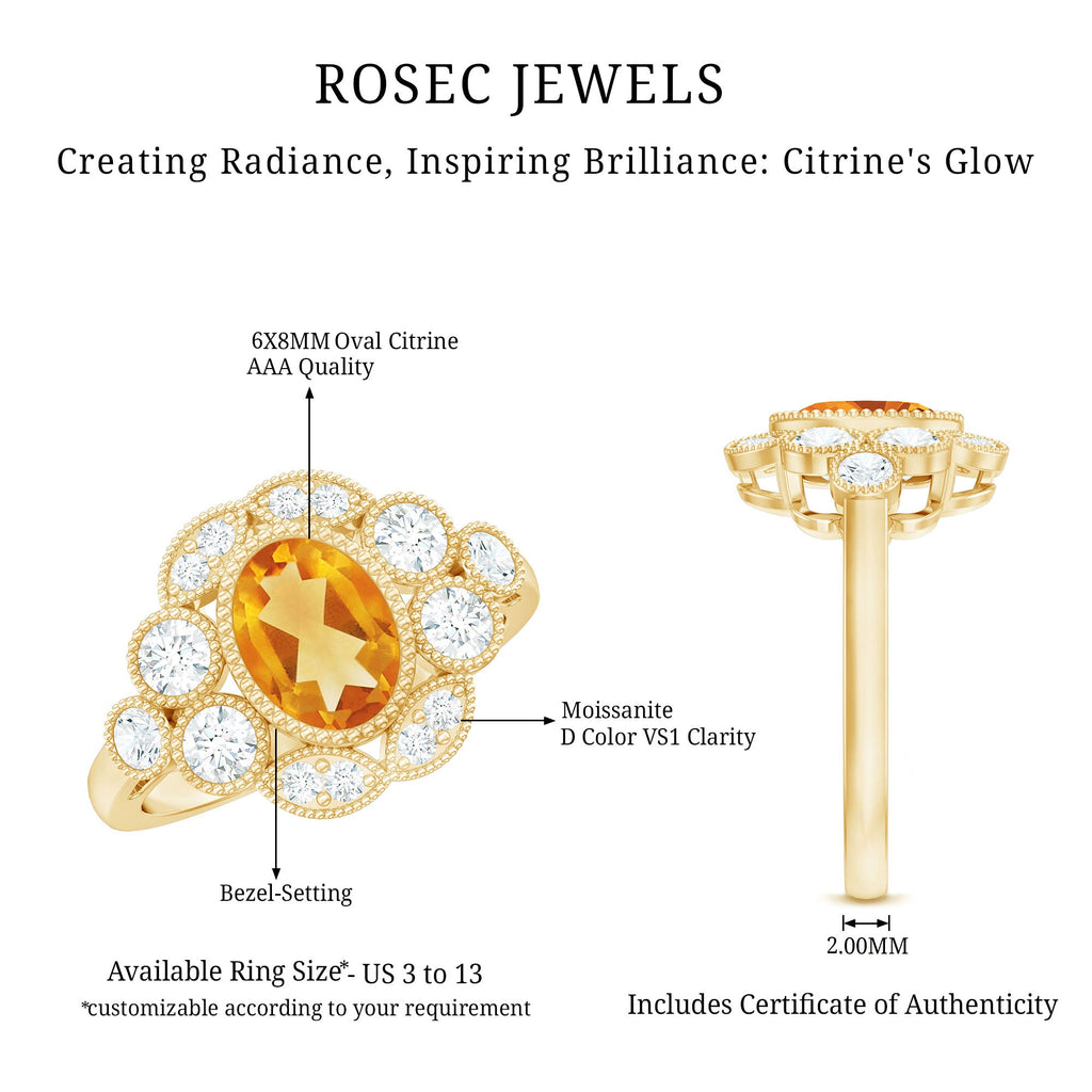 Vintage Looking Citrine Huge Engagement Ring with Moissanite