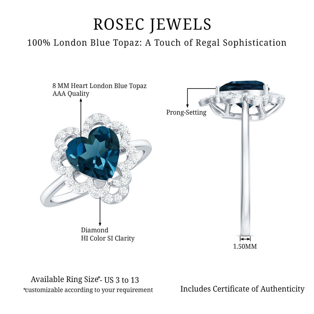 8mm Heart Shape London Blue Topaz Designer Engagement Ring with Diamond Halo