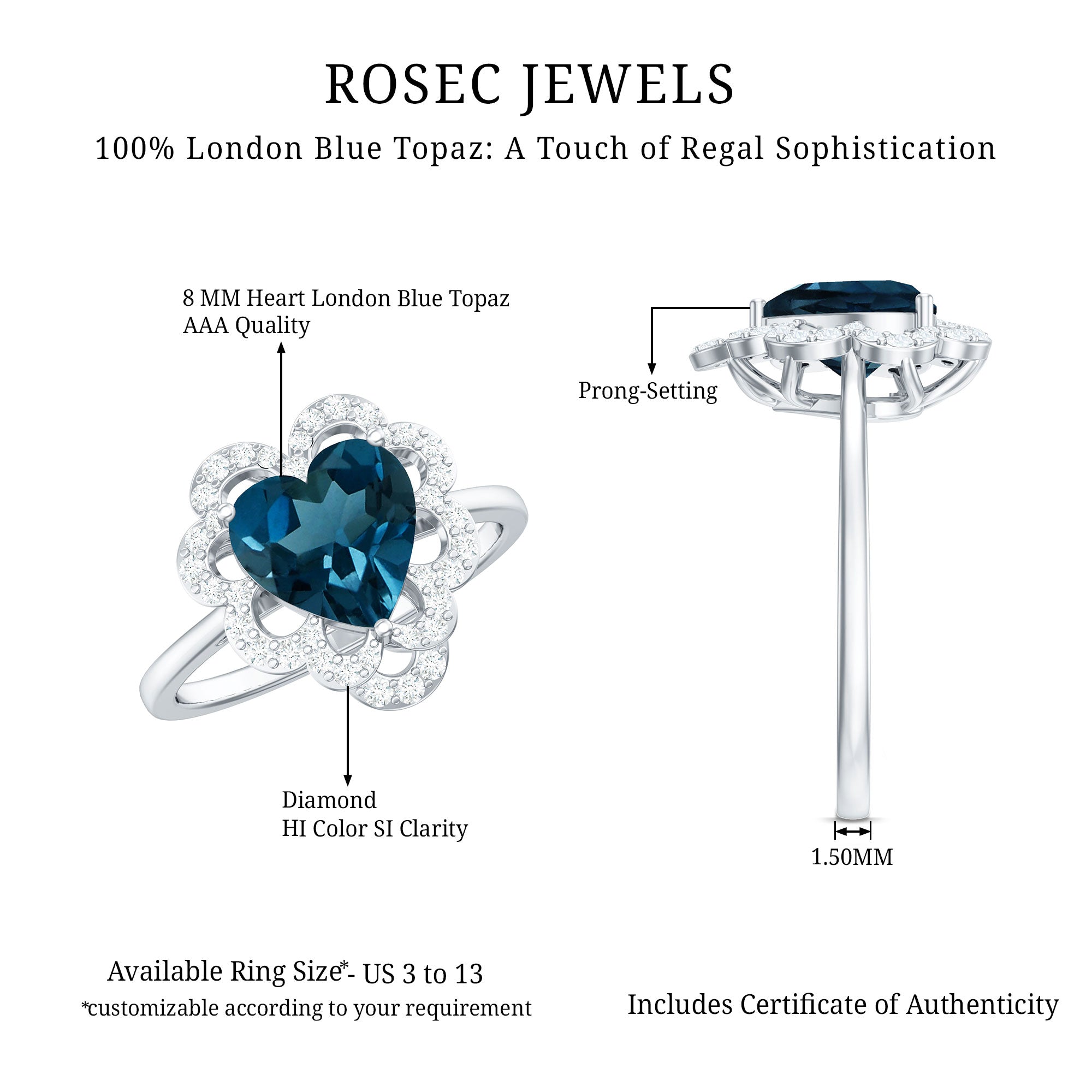 8mm Heart Shape London Blue Topaz Designer Engagement Ring with Diamond Halo