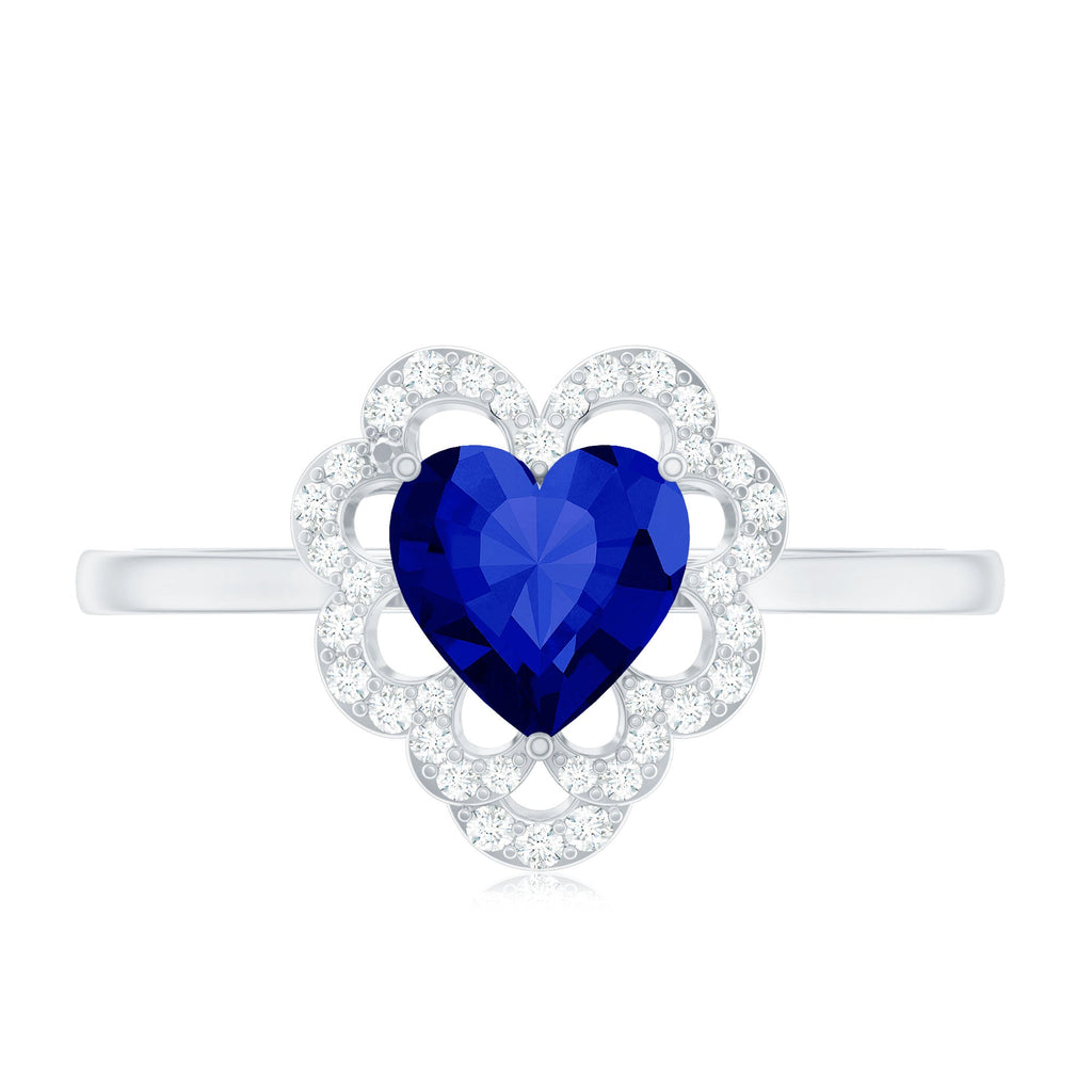 1 Carat Heart Lab Grown Blue Sapphire Designer Engagement Ring with Diamond